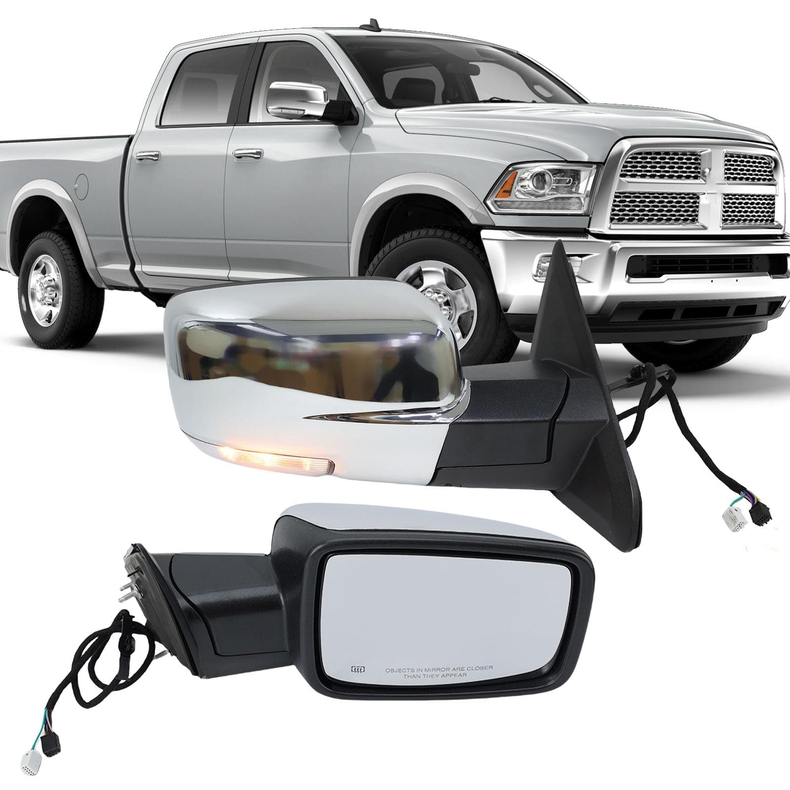 Passenger Side Mirror Compatible with 2013-2018 Dodge Ram 1500 2500 3500 Mirrors with Heated Puddle Lamp Tuning LED Signal Power Fold Chrome(9+2Pins)
