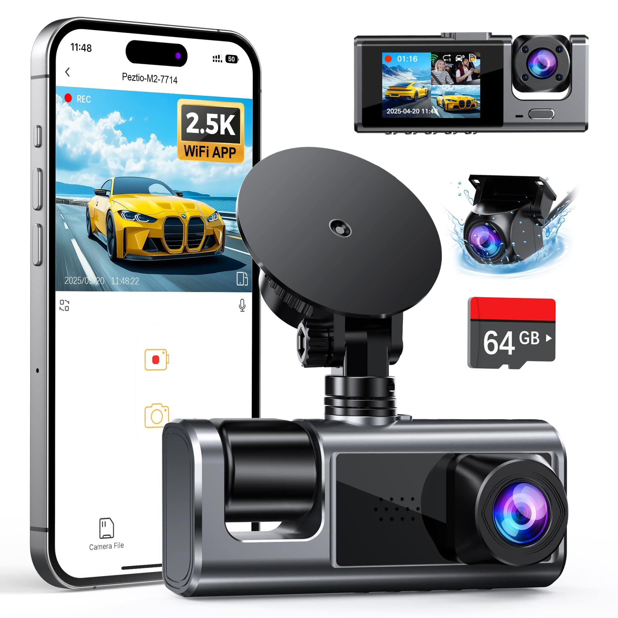 3 Channel WiFi Dash Cam Front and Rear Inside with 64GB SD Card, 2.5K+1080P+1080P Car Dash Camera for Cars Front and Rear, Dashcam with G-Sensor, Loop Recording, 24H Parking Mode, Support 512GB