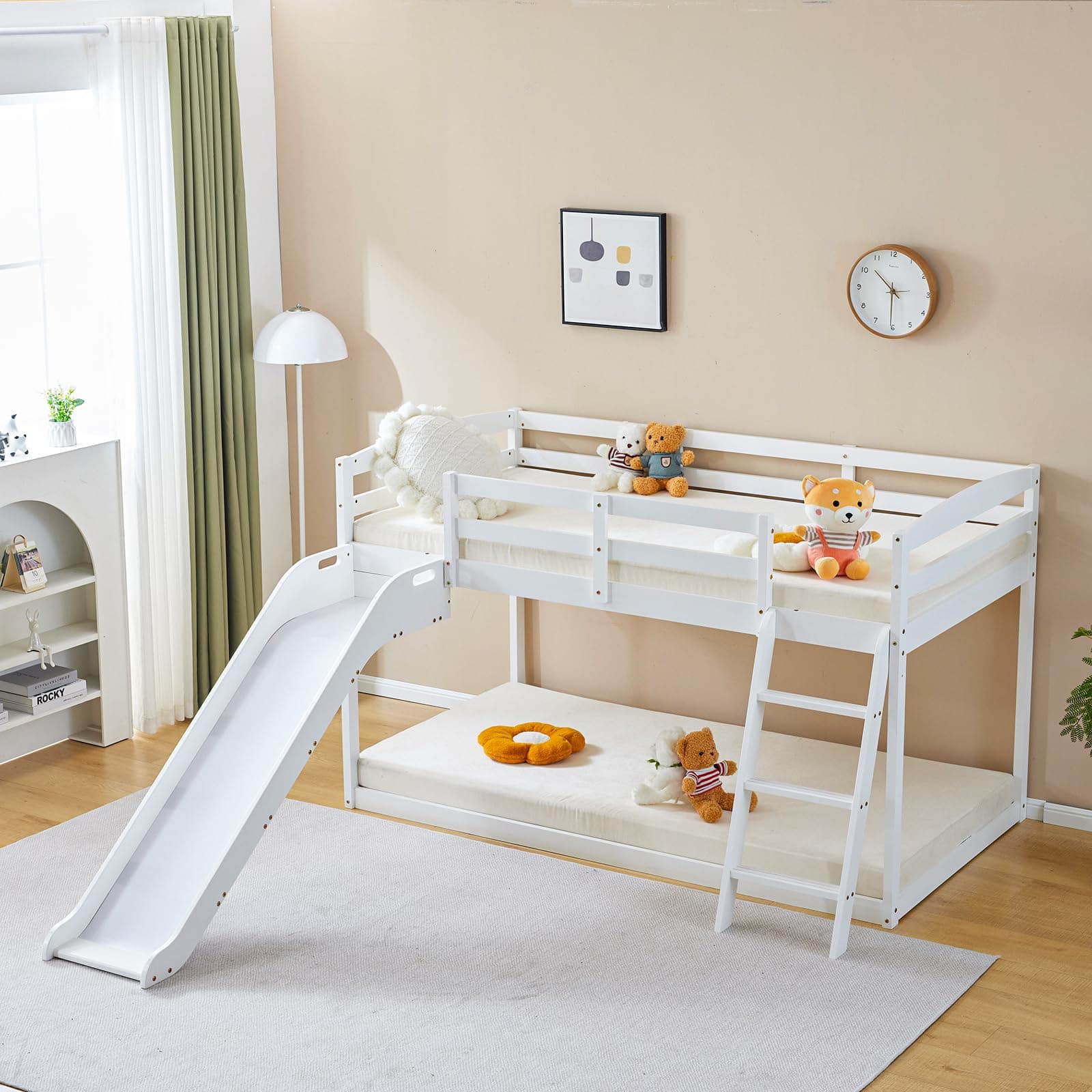 JOYMOR Bunk Bed with Slide, Pine, White, Twin/Twin Low bunk with Slide
