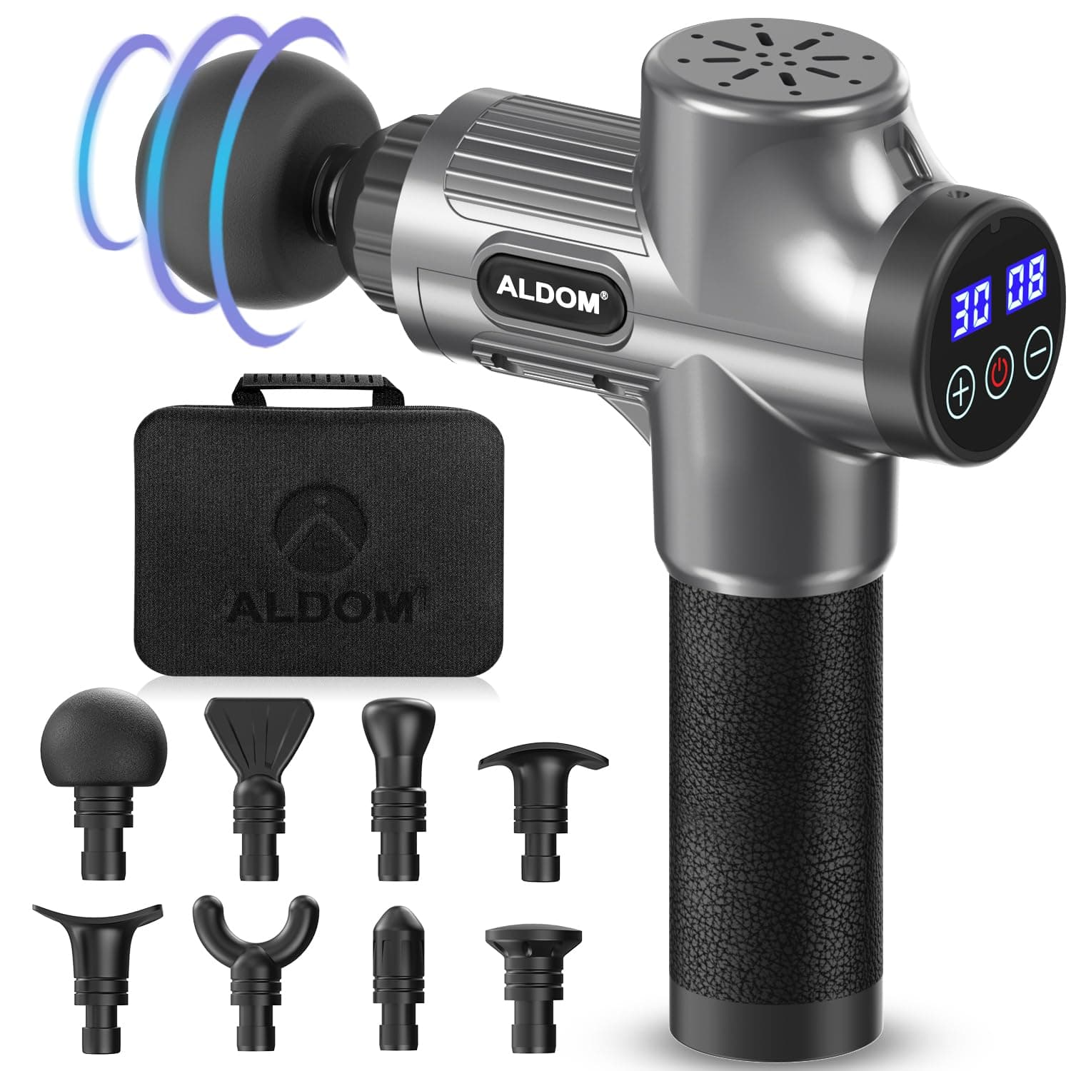 ALDOM Massage Gun Deep Tissue,Massage Gun, USB-C Rechargeable & Large Capacity, 8 Heads & 30 Adjustable Speeds Professional Handheld Percussion Massager for Men Women Body Muscle Recovery-Silvery Grey