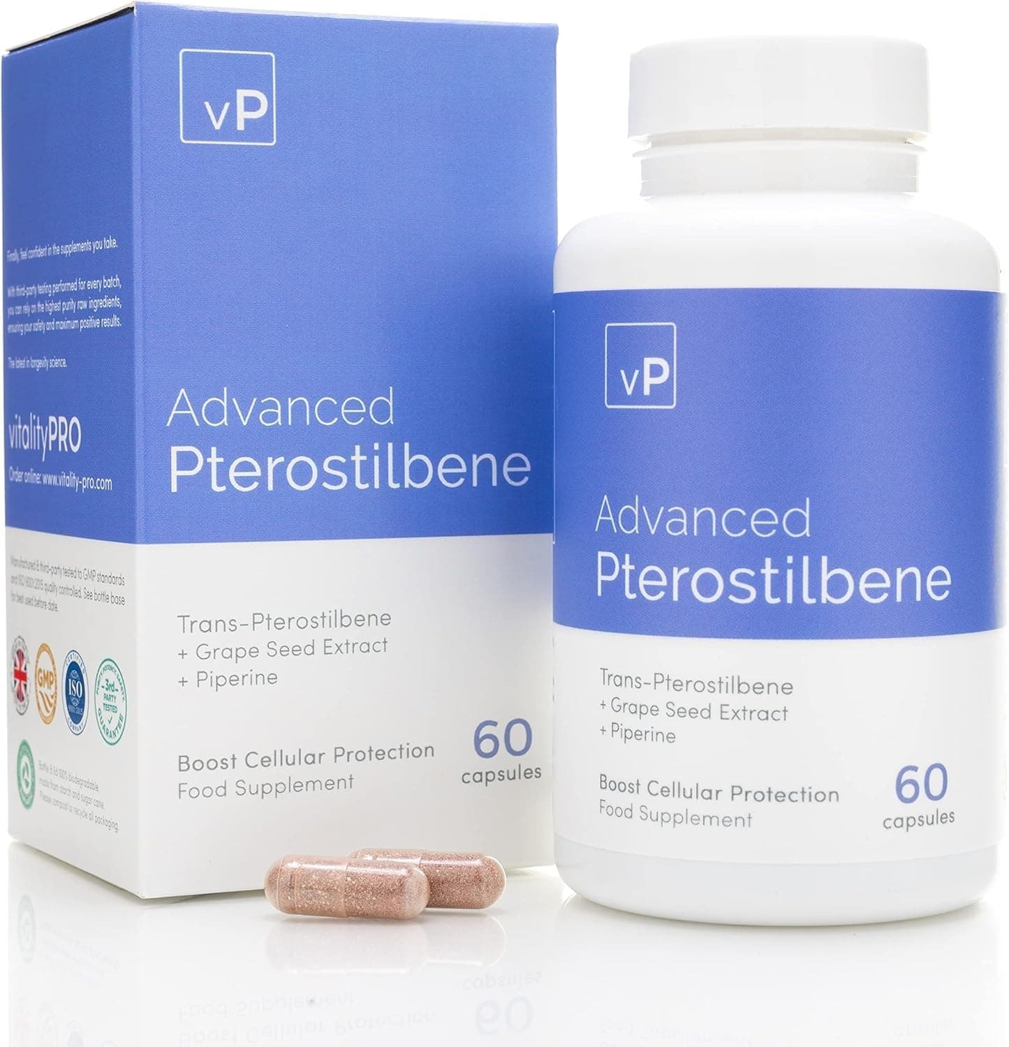 vP Vitality Pro Advanced Pterostilbene 60 Capsules - Third Party Tested Over 98% Purity - Trans-Pterostilbene Supplement -