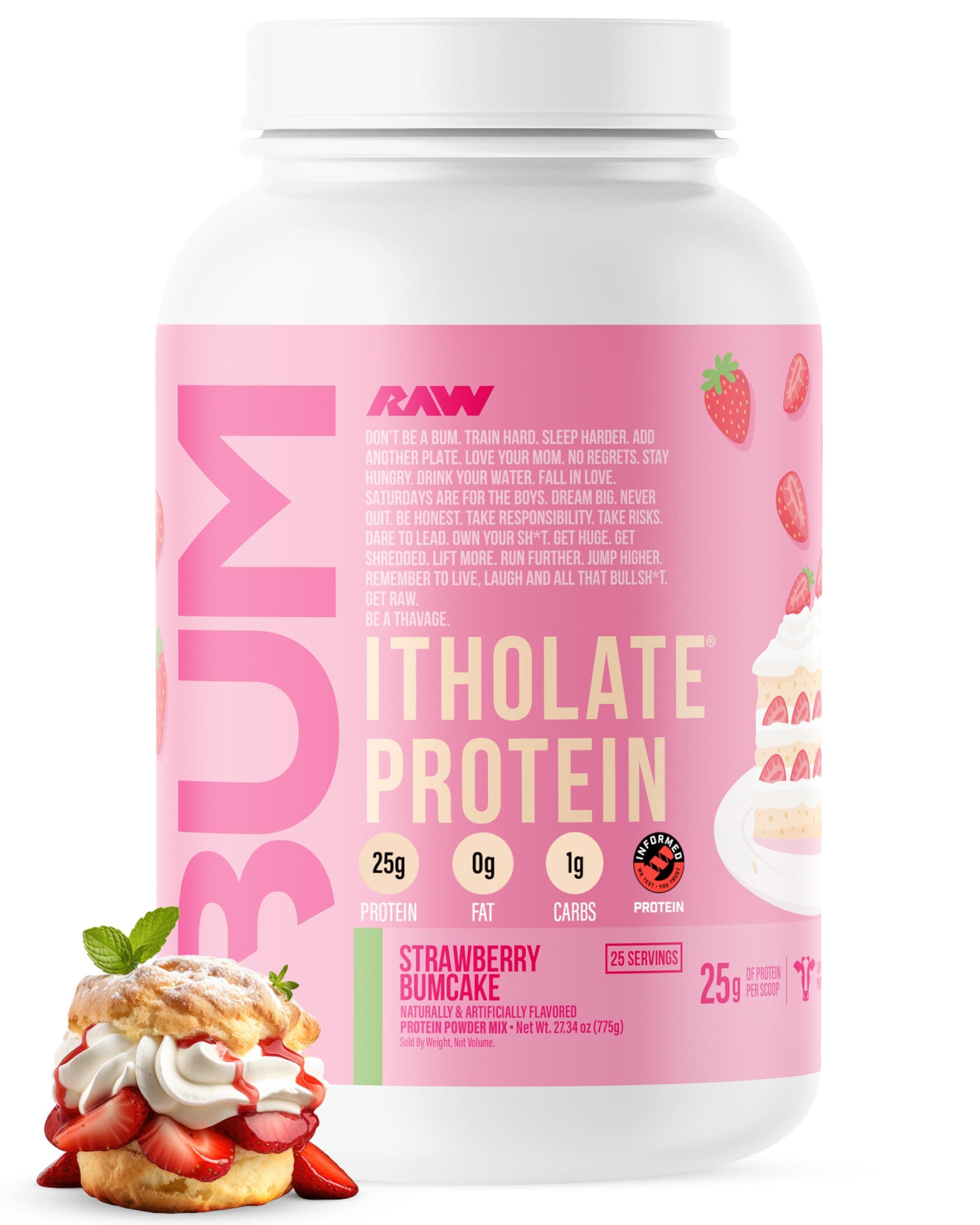RAW Whey Isolate Protein Powder, Strawberry BumCake (CBUM Itholate Protein) - 100% Grass-Fed Sports Nutrition Powder for Muscle Growth & Recovery - Low-Fat, Low Carb, Naturally Flavored - 25 Servings