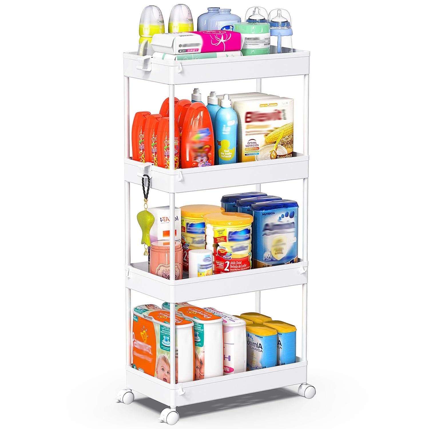 SPACEKEEPER Storage Cart, 4-Tier Mobile Shelving Unit, Bathroom Rolling Cart Utility Storage Organizer Shelf for Kitchen Living Room Bathroom Laundry Room & Dressers, White