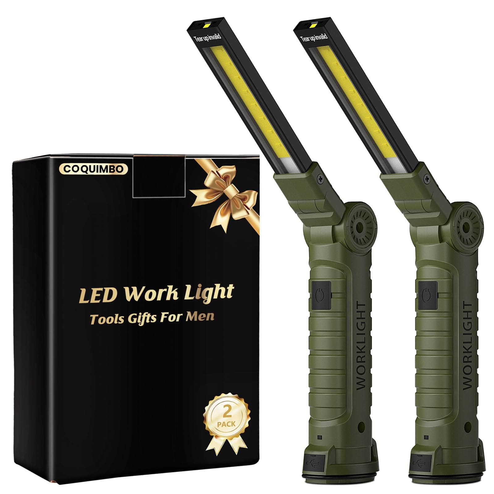 Tool Gifts for Men Him, Rechargeable LED Work Light Grill Light with Magnetic Base and Hook 5 Modes 360° Rotate Mechanic Light Dad Husband Mens Birthday Gifts (2 Pack Green)