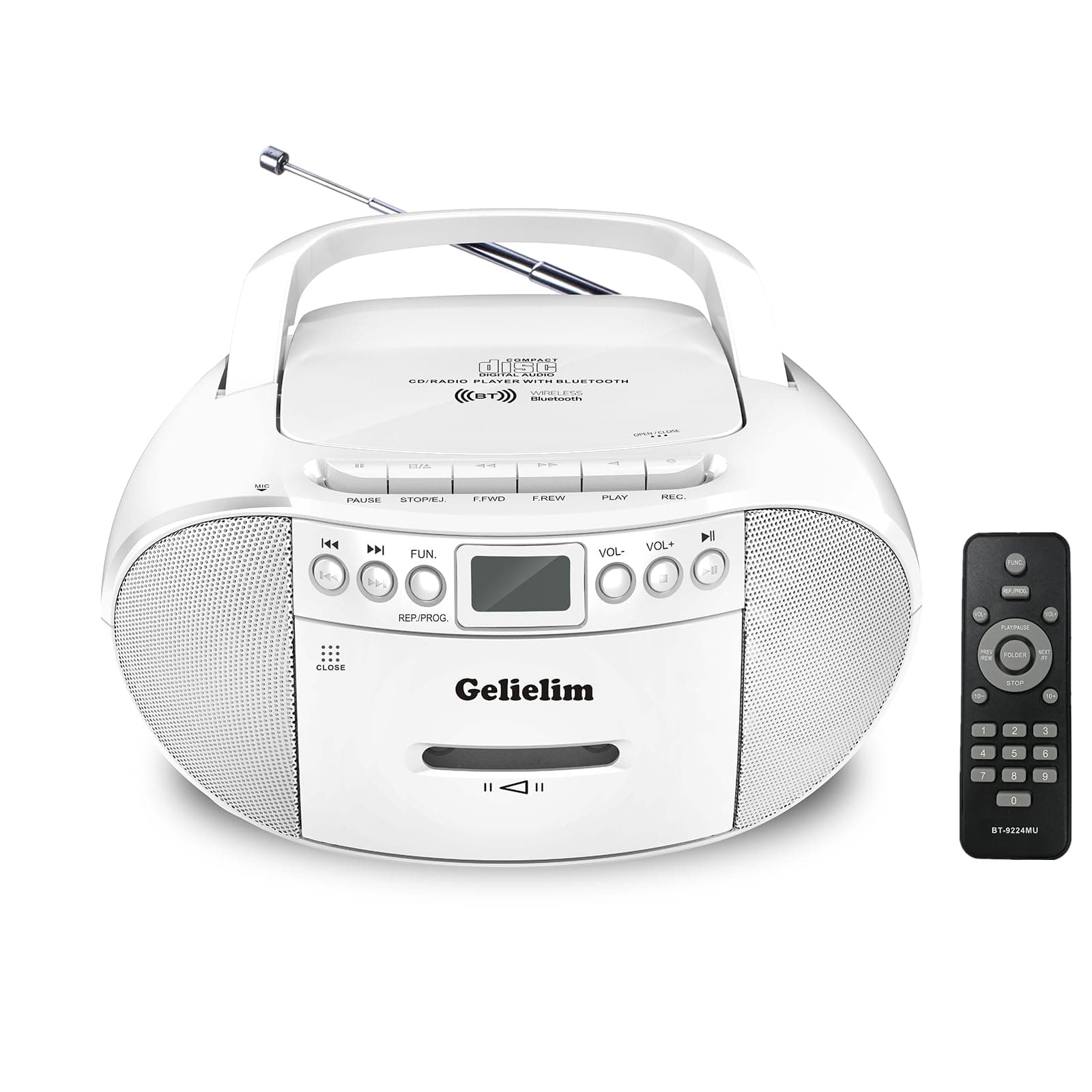 Gelielim CD and Cassette Player Combo, Portable Bluetooth Boombox with Remote, AM/FM Radio, Stereo Sound, Tape Recorder, USB Drive, AC/Battery Powered, Headphone Jack,LCD Display for Home, Gift White