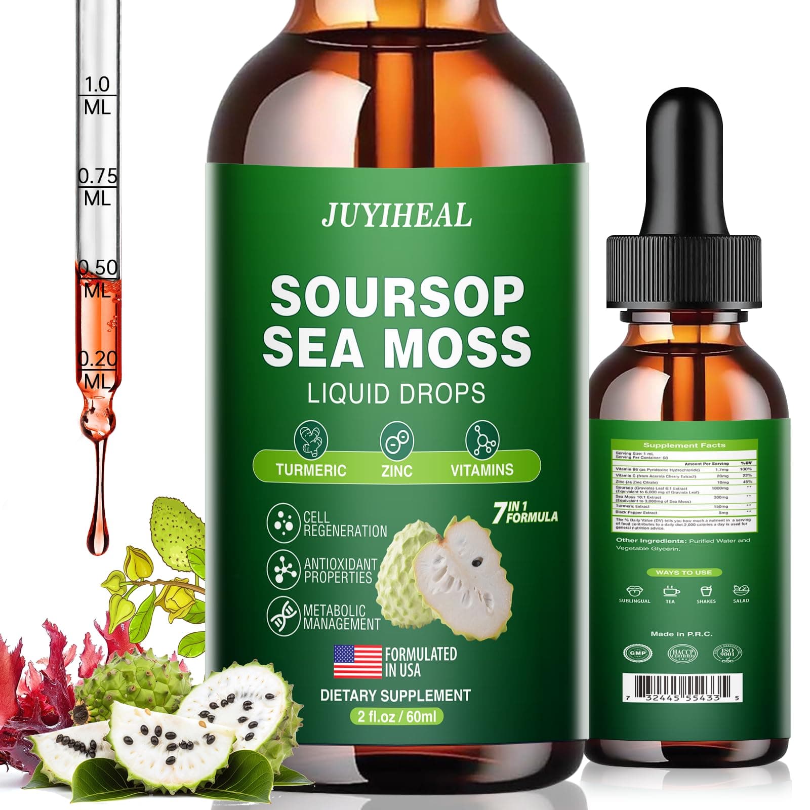 7-in-1 Soursop Graviola with Sea Moss Liquid Drops, Soursop Bitters Liquid Rich in Multivitamin for Digestive Antioxidant, Immune Boost, Cell Support & Regeneration, 2 Fl Oz