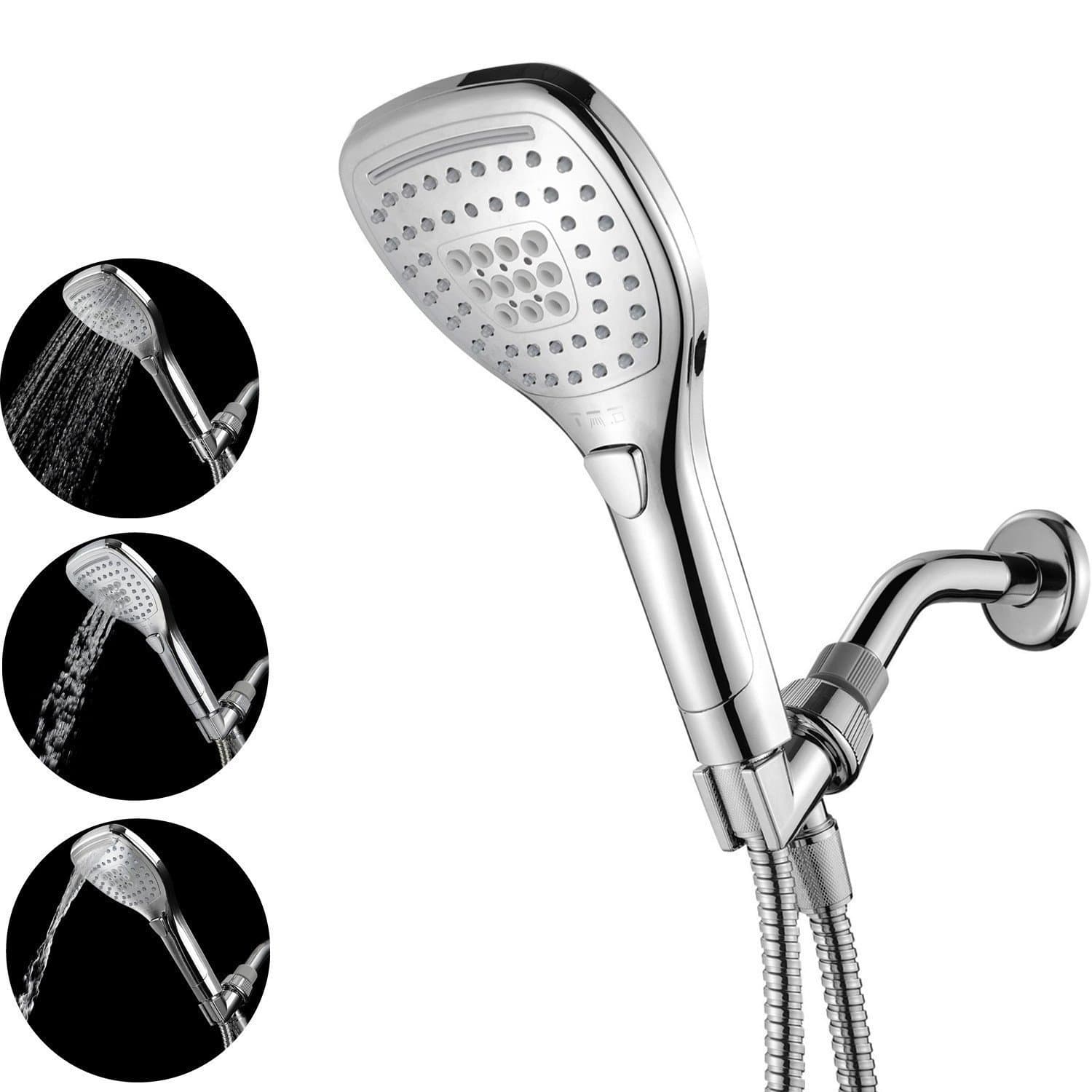 DSIKERMulti-setting Revolutionary Push-Control Hand Shower Handheld Shower Head,Push-Control Flow Control Button ,overhead bracket,Double Interlocked Stainless Steel Hose,Premium all-chrome finish