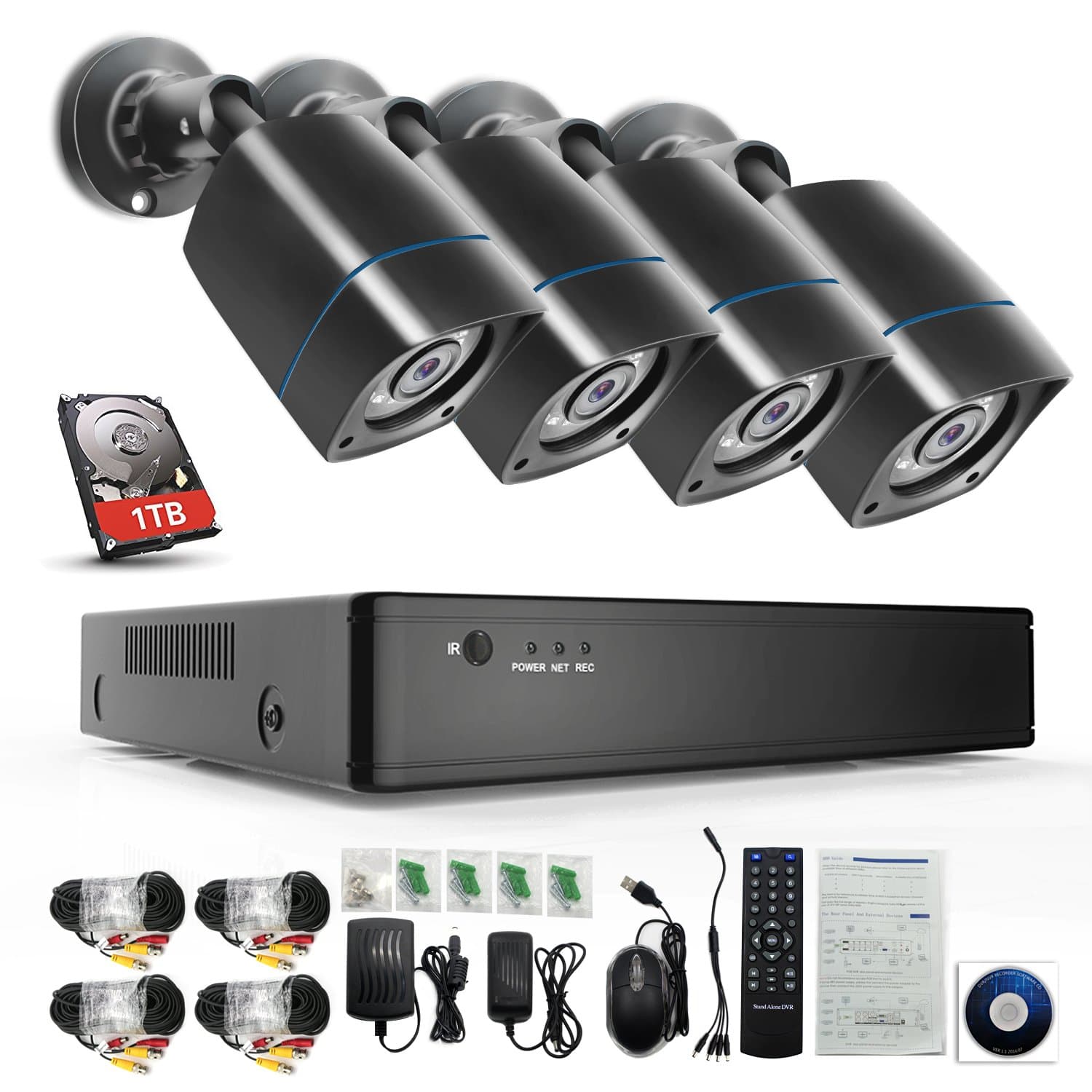 HD Security Camera System 1080H 4 Channel DVR with 1TB Hard Drive Outdoor Indoor Weatherproof Surveillance Camera System with 115ft IR Night Vision LEDs