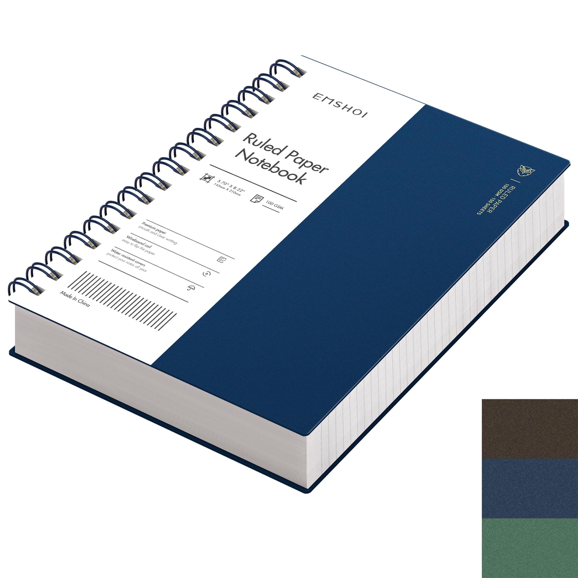 EMSHOI A5 Spiral Notebook College Ruled Lined Journal, Small 5.7" X 8.22", 300 Pages/150 Sheets, 100gsm Thick Paper, Waterproof Hardcover, for Office School Women Men Work Writing Notes, Blue