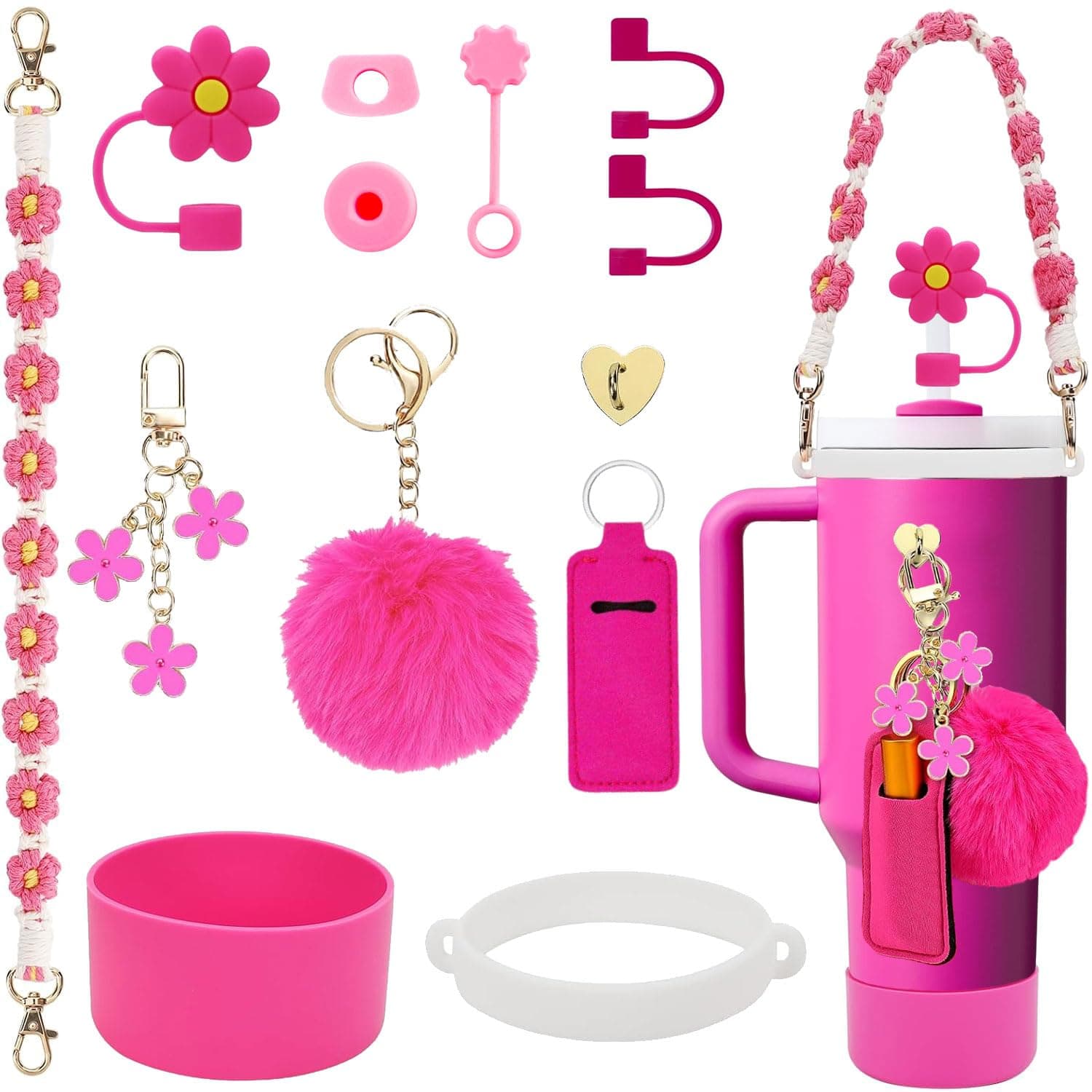 Stanley Cup Accessories Set Including Water Bottle Handle Strap, Siliocne Stanley Cup Boot, Siliocne Straw Cover, Stanley Charms for Stanleys Cup 40oz & 30oz Tumbler