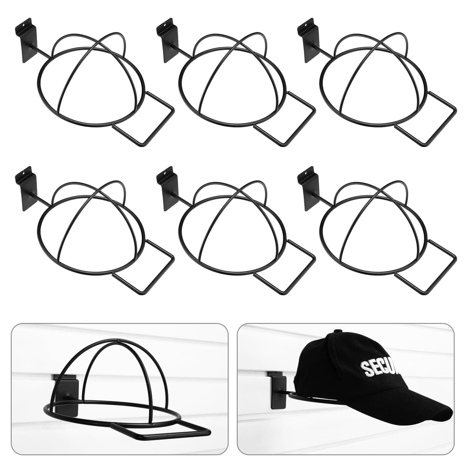 Kigley 6 Pcs Wire Hat Display for Baseball Caps Black Metal Slatwall Accessories Rack Retail Shelves for Merchandise Door Closet Office Bedroom(Square Brim,Black)