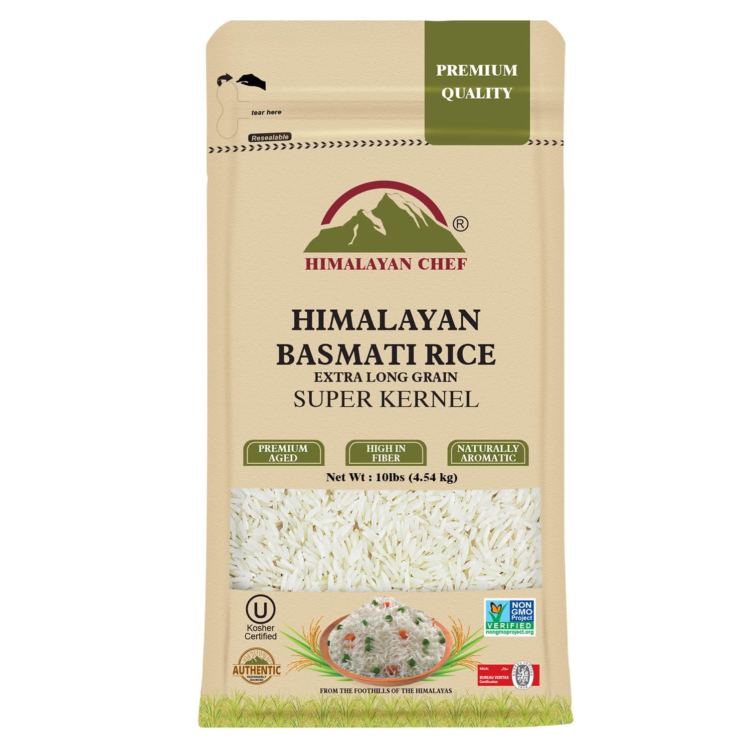Himalayan Chef Basmati Rice, Natural Extra Long Grain Super Kernal Rice, Premium Quality, Quick Cooking Aromatic, Non-GMO, Halal and Kosher Certified - 10 lbs
