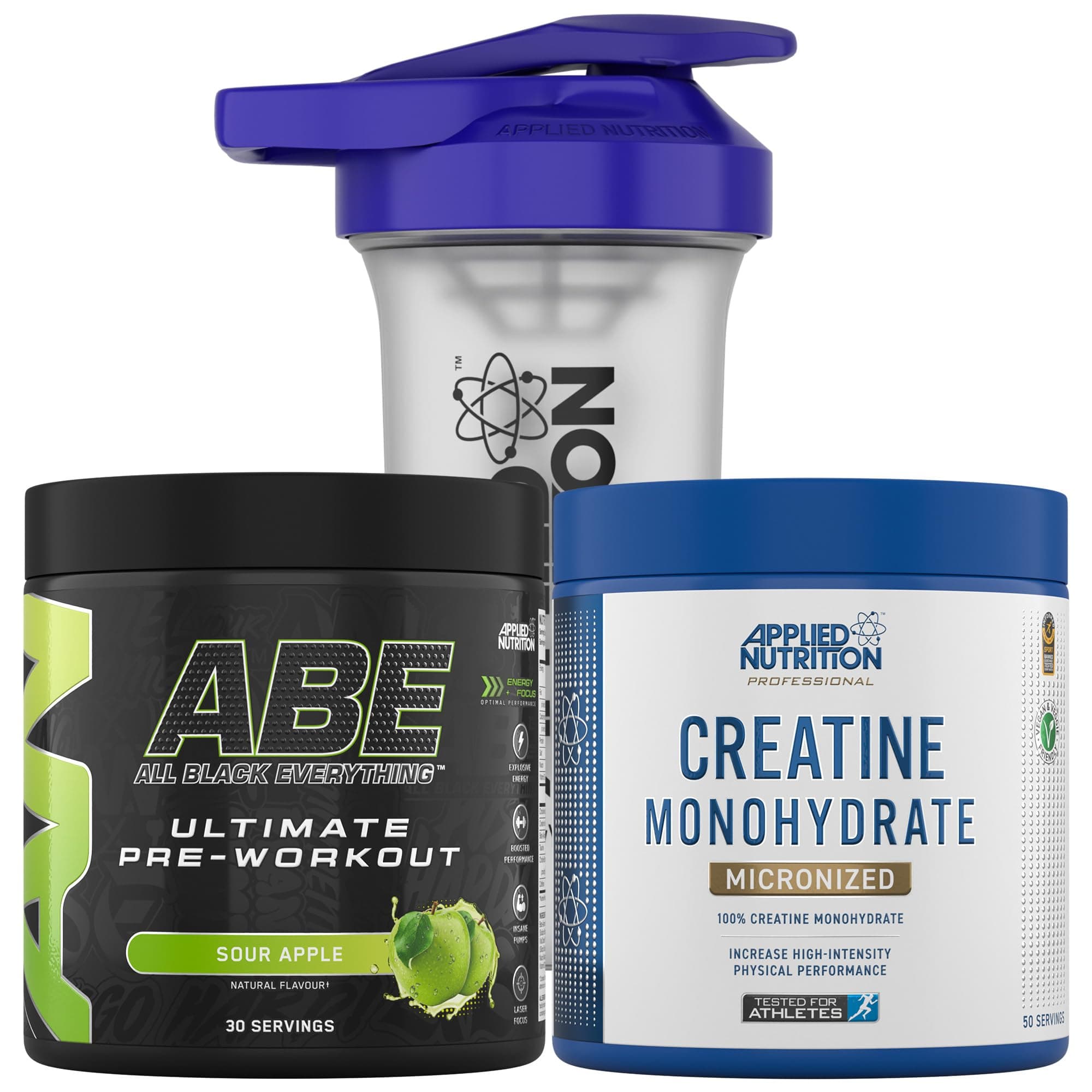 Applied Nutrition Bundle ABE Pre Workout 375g + Creatine 250g + 700ml Protein Shaker | All Black Everything Pre Workout Powder, Energy & Performance with Creatine, Beta Alanine (Sour Apple)