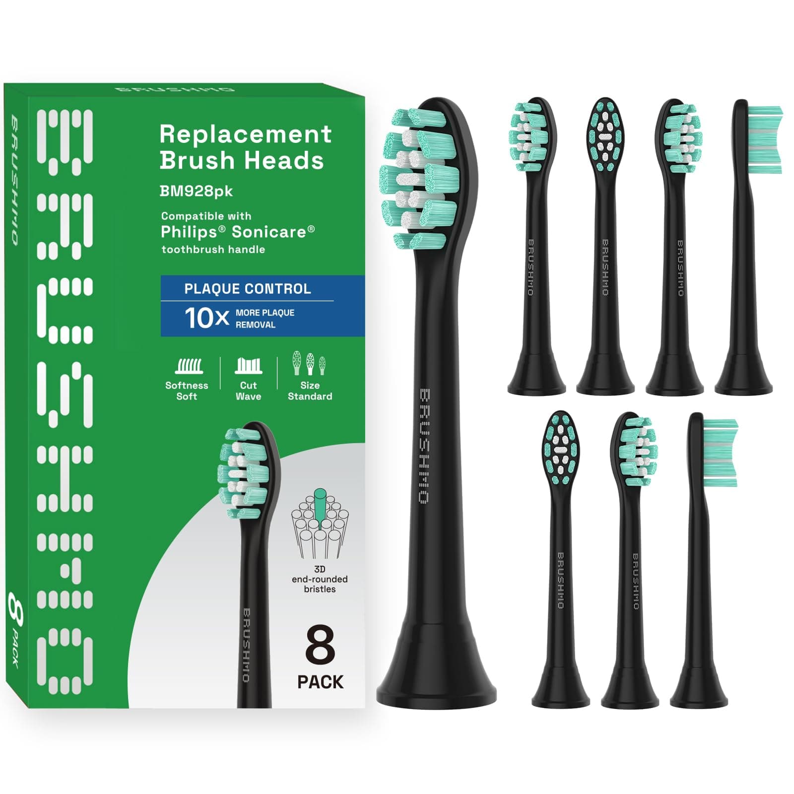 BRUSHMO(ブラシモ) Brushmo Replacement Toothbrush Heads Compatible for Philips Sonicare C2 Optimal Plaque Control HX9023/65, Black, 8 Pack