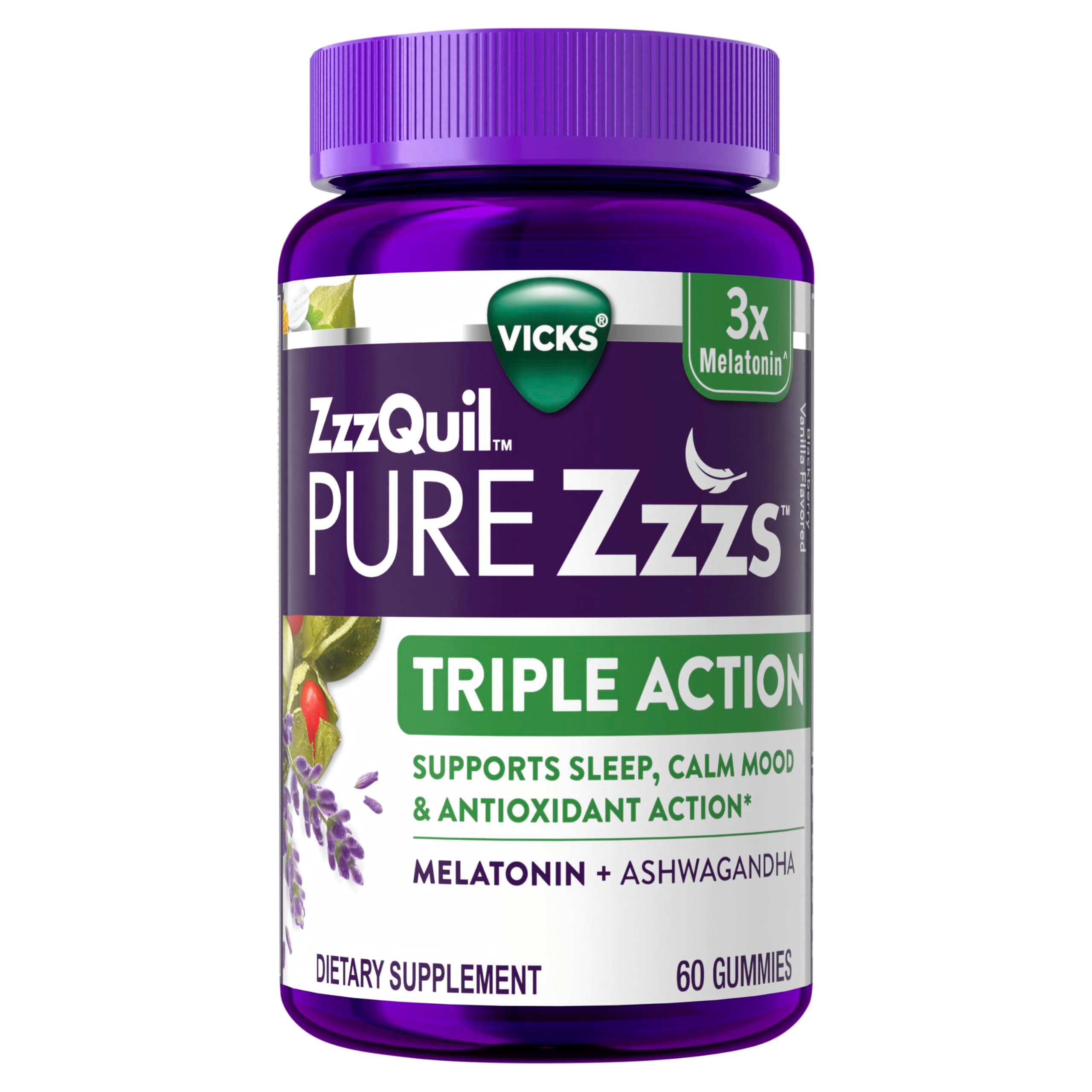 PURE Zzzs Triple Action, Melatonin Gummies, Melatonin 6mg, 3X Melatonin, Sleep Aid with Ashwagandha, Calm Mood, Antioxidant Action, Sleep Aids for Adults, 60 Sleep Gummies