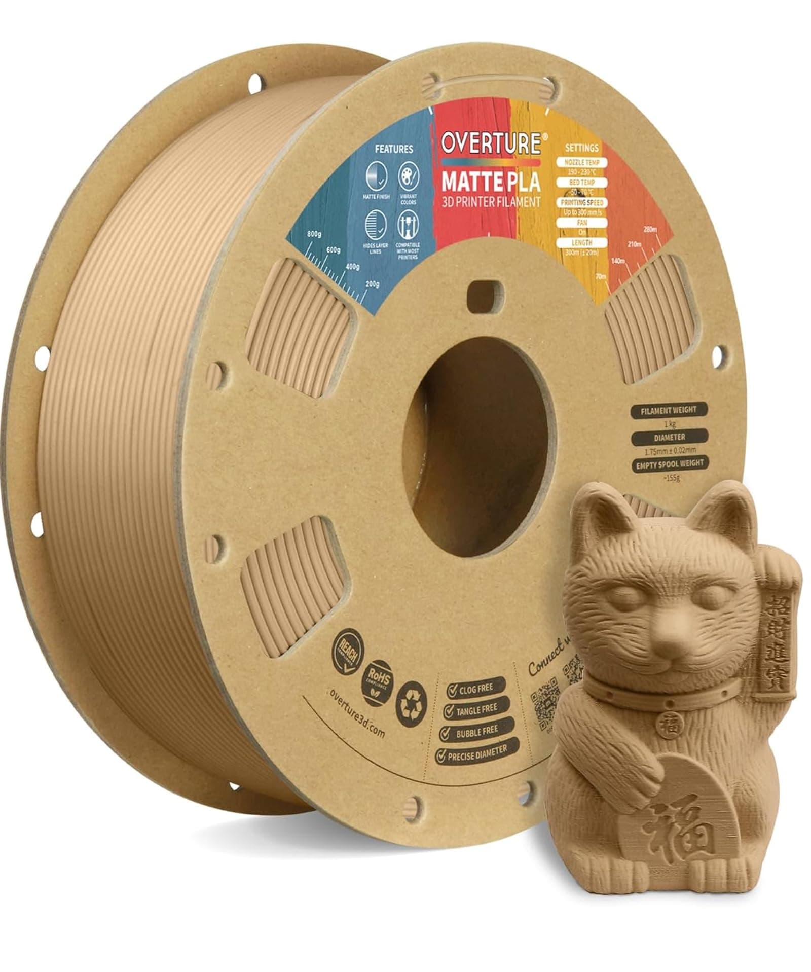 OVERTURE Matte PLA 3D Printer Filament 1.75mm, Matt Surface & Low Warping Filament 1kg Spool (2.2 lbs), Accuracy +/- 0.02 mm, Fit Most FDM Printers (Matte Light Brown)