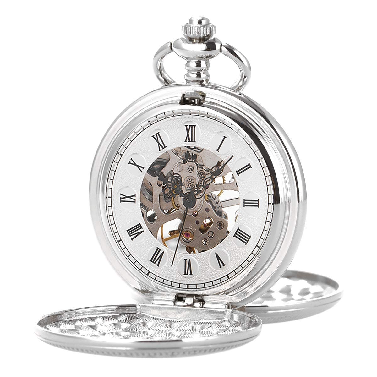 Pocket Watch - Smooth Double Case SIBOSUN Skeleton Mechanical Movement Silver Chain Gift Box Analog
