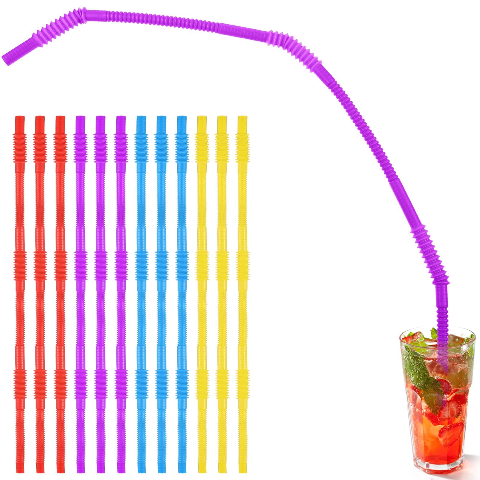 Geiserailie 12 Pieces Flexible Drinking Straws Extra Long Bendy Plastic Straws for Party Camping Limited Mobility Situations Dishwasher(Red, Yellow, Blue, Purple, 28 Inches)