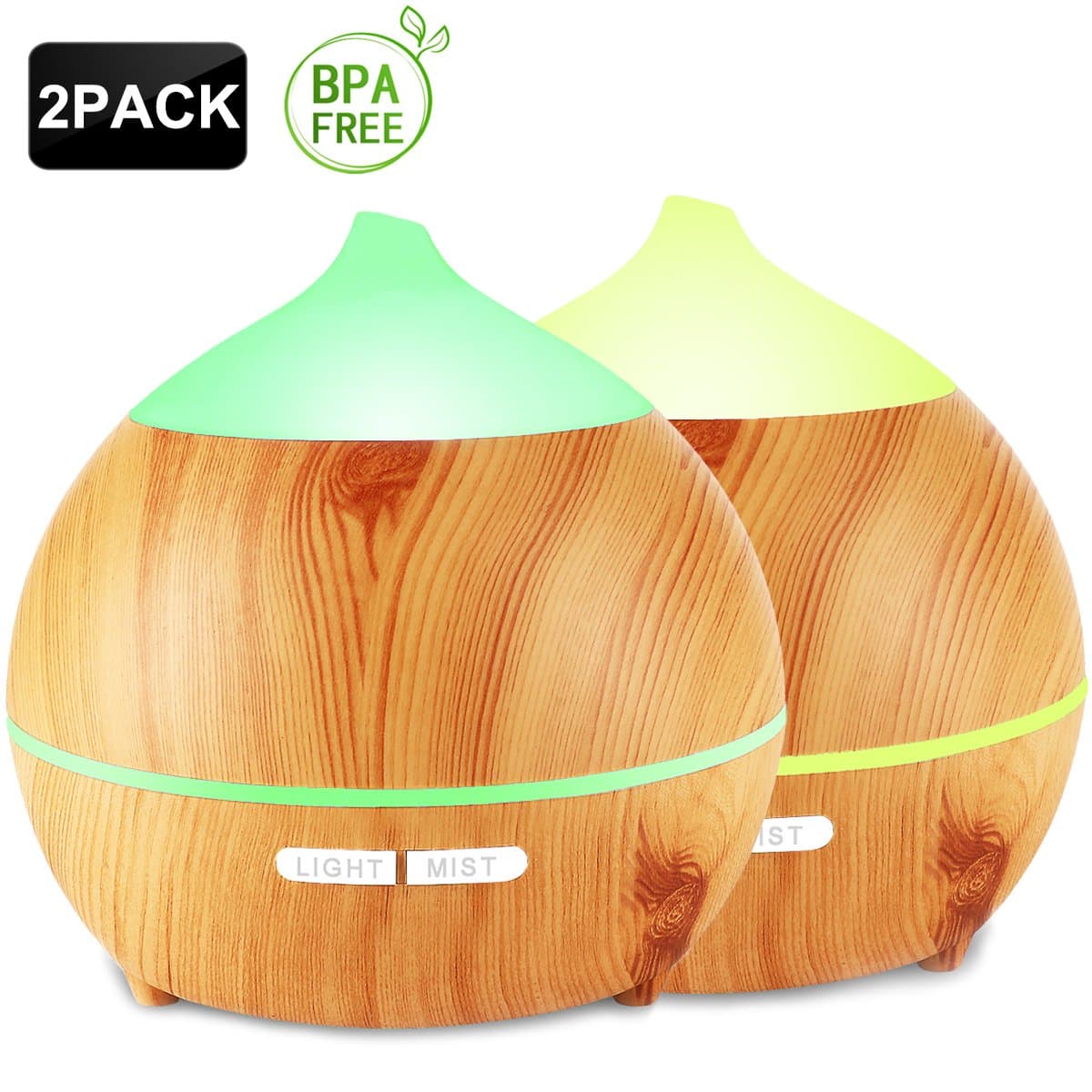 Oil Diffuser, Avaspot 2 Pack 250ml Wood Grain Essential Oil Diffuser, Cool Mist Ultrasonic Aromatherapy Diffuser, 7 LED Light Aroma Diffuser Auto-off Humidifier, Adjustable Mist Mode for Home, Office