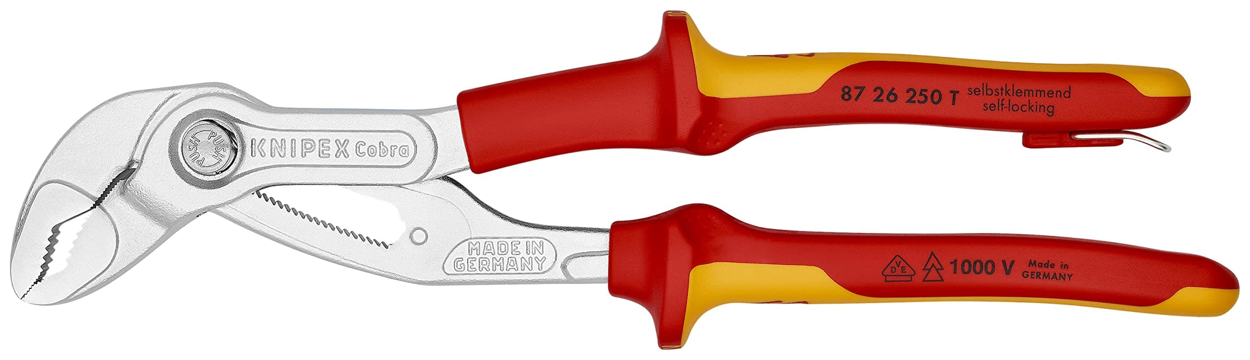 KNIPEX Tools 87 26 250 T Cobra High-Tech Water Pump Pliers-1000V Insulated-Tethered Attachment, 10'', Red/Yellow