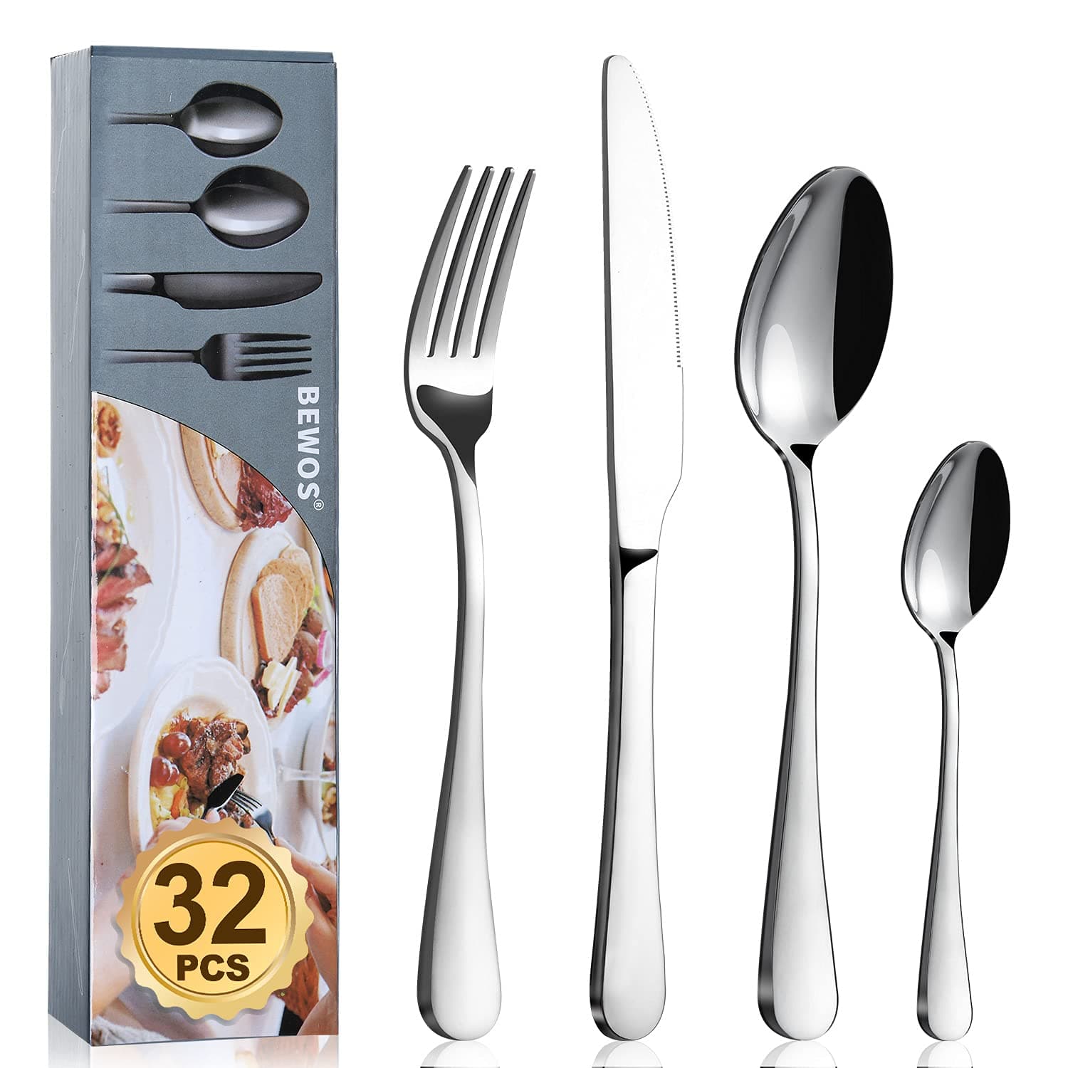 BEWOS Cutlery Set, 32-Piece Stainless Steel Flatware Set, Tableware Silverware Set with Spoon Knife and Fork Set, Service for 4, Dishwasher Safe/Easy Clean, Mirror Polished