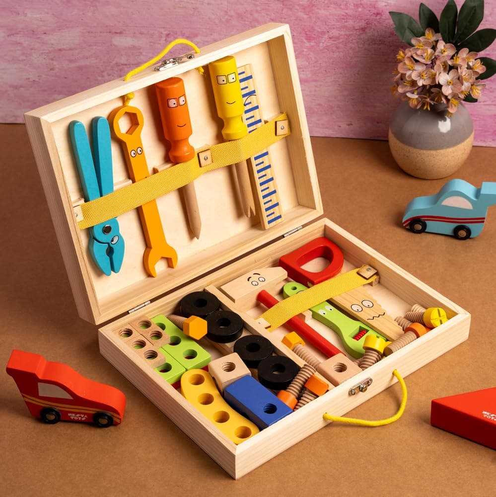 NESTA TOYS Wooden Tool Kit for Kids (40 Pcs) with Tool Box | Hammer, Wrench, Screwdriver, Saw, Nuts & Bolts | Builds Problem-Solving & Fine Motor Skills | Non-Toxic | Gift for Boys & Girls Age 3-8