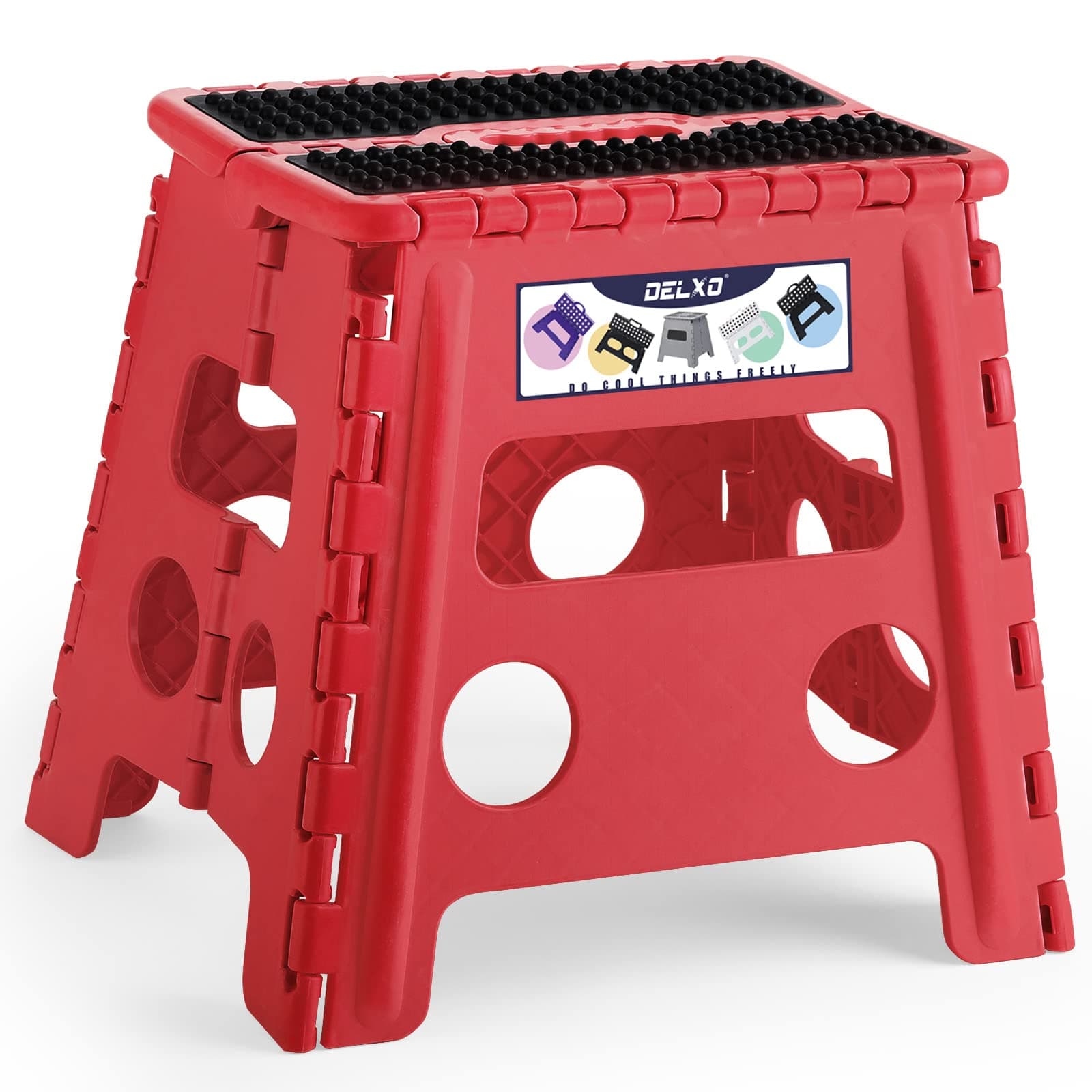 Folding Step Stool,Non-Slip Stool 13 inch Height Premium Heavy Duty Foldable Stool for Kids and Adults,Kitchen Garden Bathroom Steppingstool 1 Pack in Red,Dotted Texture
