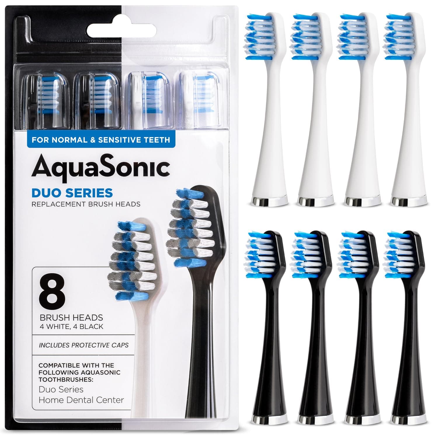 AquaSonic Duo Replacement Brush Heads (8-Pack) - 4 White & 4 Black DuPont Brush Heads