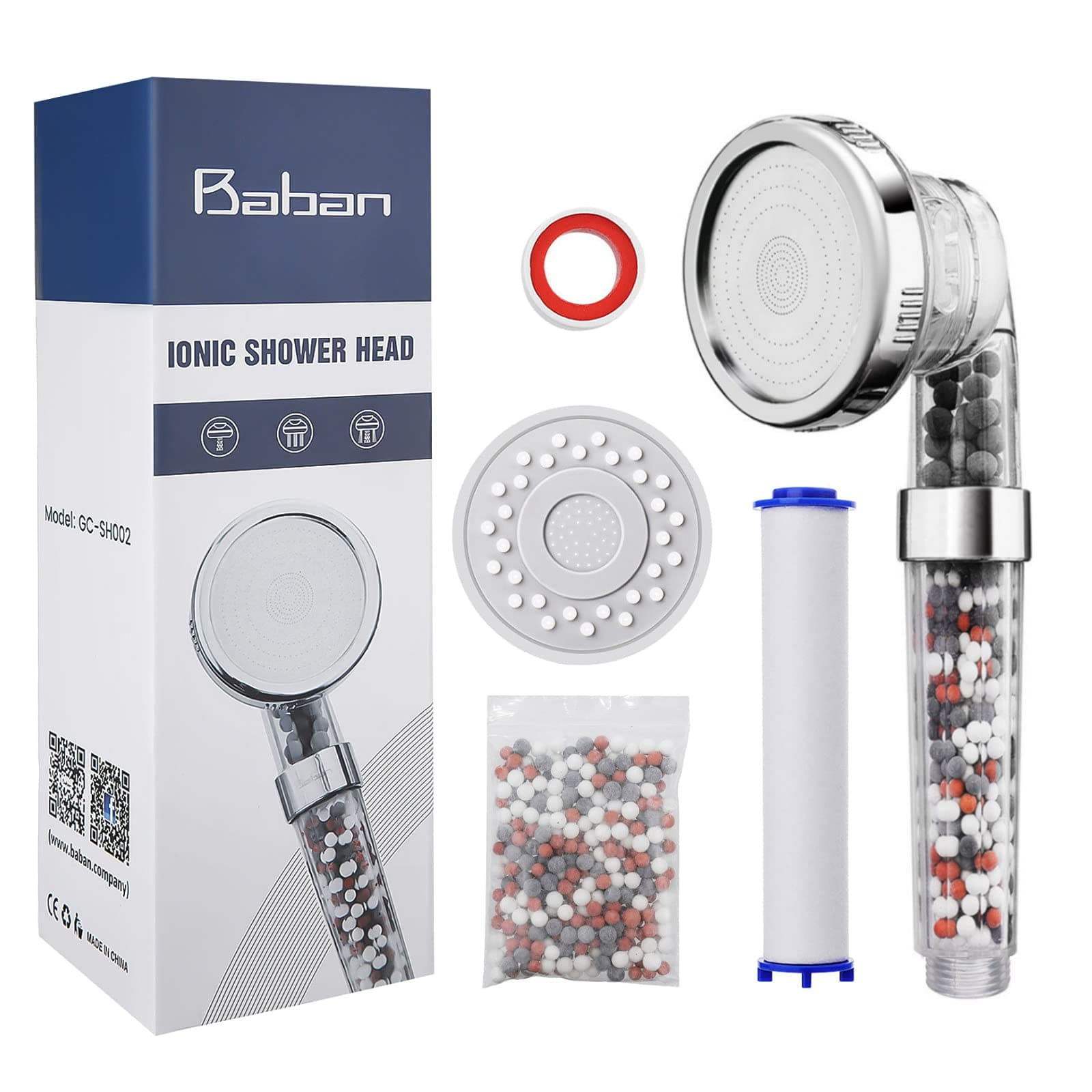 BabanIonic Shower Heads, Upgraded 4-Layer Filtration Universal Handheld Showerhead, Higher Pressure Water Saving with 3 Sprays Modes, Extra Filter Bead Replacement Panel & PP Cotton Filter Cartridge