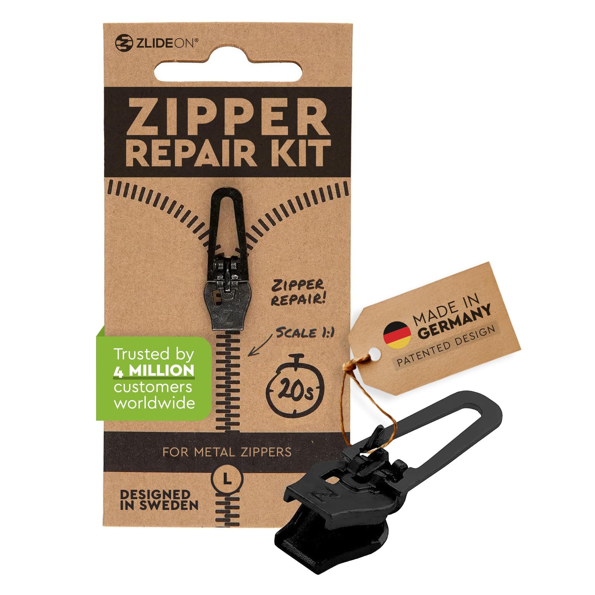 Zlideon Zipper Repair Kit for Metal Zippers - 1pcs, Black (L/5) | Instant Zipper Pull Replacement Slider for Denim, Jeans, Jacket, Boots, Winter Coats, Handbags | Easy to Install | Made in Germany