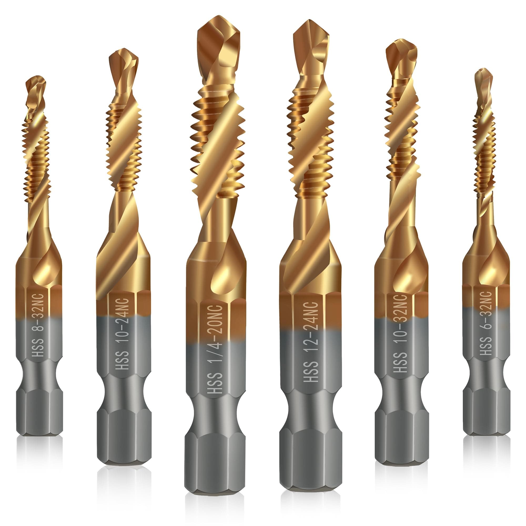 Junreox 6 Pack Combination Drill and Tap Set, Professional HSS Titanium Thread Tap Drill Bit Set in SAE 6-32nc 8-32nc 10-32nc 10-24nc 12-24nc 1/4-20nc, Quick Change Screw Tapping with 1/4” Hex Shank