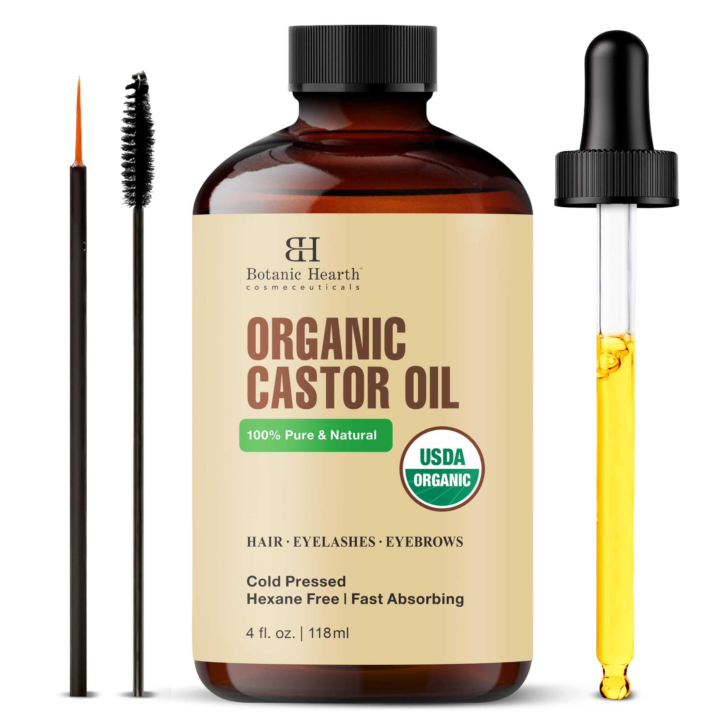 Botanic Hearth Castor Oil - 4 Fl Oz - Cold Pressed - Hexane Free, 100% Natural - Pure Castor Oil Organic for Eyelashes, Hair Growth, Eyebrows, Skin, Face - 100% Natural and Vegan