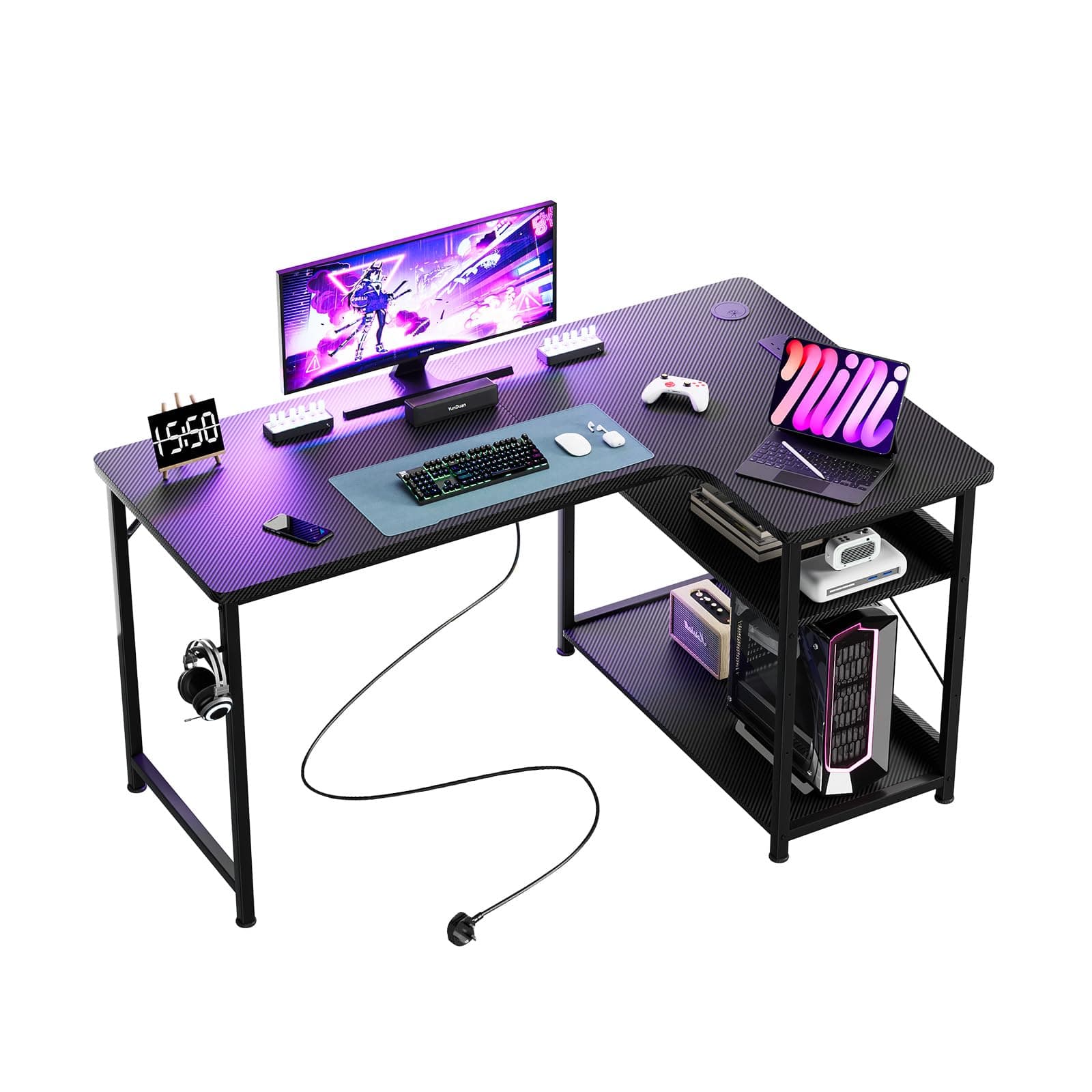 L Shaped Gaming Desk, 110×80cm Computer Corner Desk with Power Outlets, Storage Shelves, Headphone Hook, Desks & Workstations for Home Office Play Study