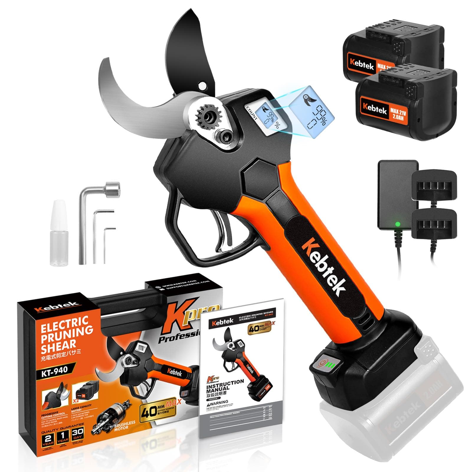 onlyfly Kebtek Cordless Electric Pruning Shears 40MM, Professional Pruning Shears Battery Powered 18V Brushless Motor 2Pack 2AH Rechargeable Lithium Battery-LCD Display Screen (KT940)