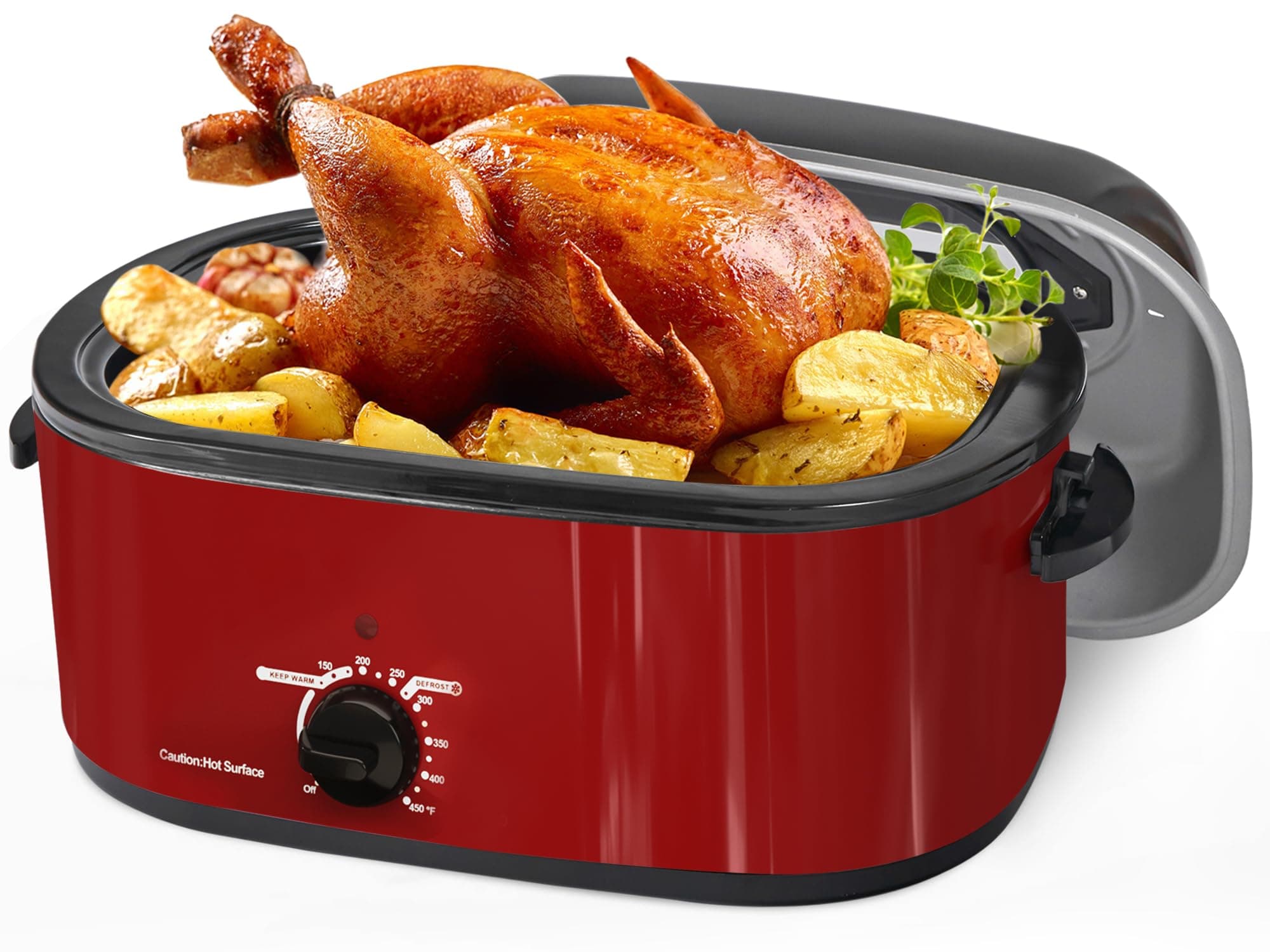 22 Quart Electric Roaster Oven with Viewing & Self-basting Lid, Turkey Roaster Oven with Removable Pan and Rack, RED