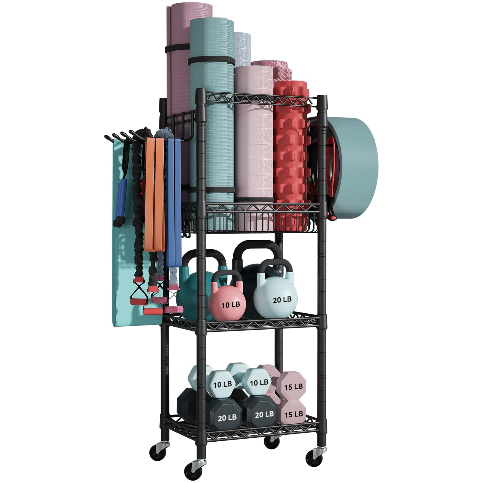 FUTASSI Home Gym Storage, 3 Tiers Workout Equipment Organizer with Wheels for Yoga Mats, Foam Roller, Dumbbells, Kettlebells, and Resistance Bands