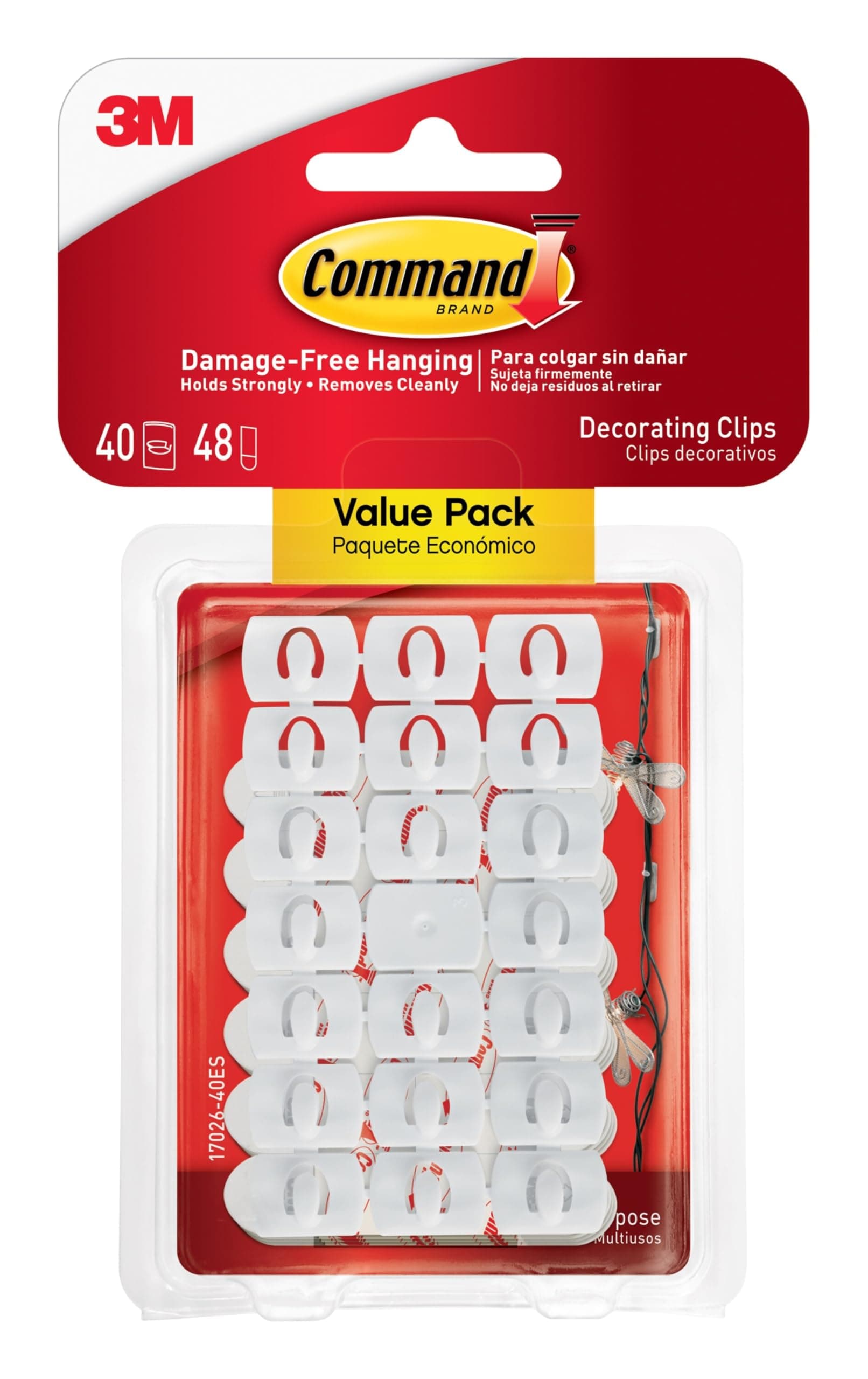 Command Decorating Clips, 40 Clips and 48 Strips, Damage-Free Hanging Light Clips with Adhesive Strips, No Tools Small Wall Clip for Hanging Lights and Cables