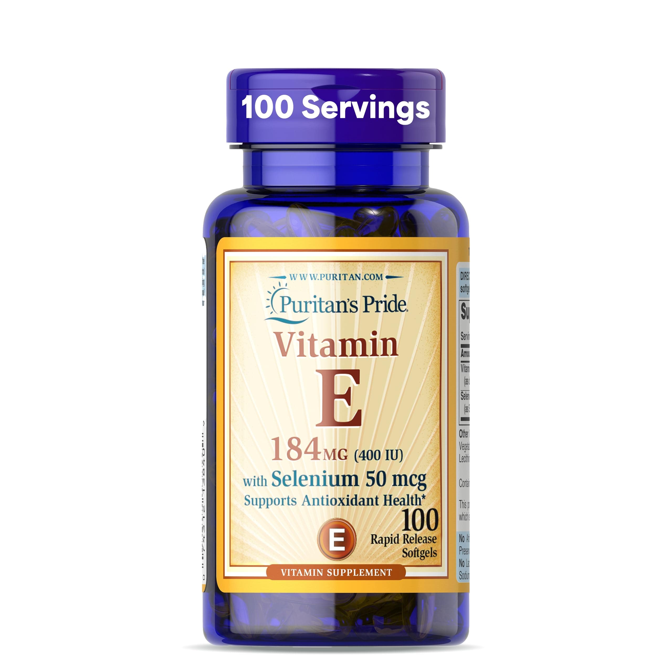Vitamin E 184mg (400 IU) with Selenium 50mcg, Vitamin Supplement For Immune System and Antioxidant Health Support, 3 Month Supply, 100 Rapid Release Softgels