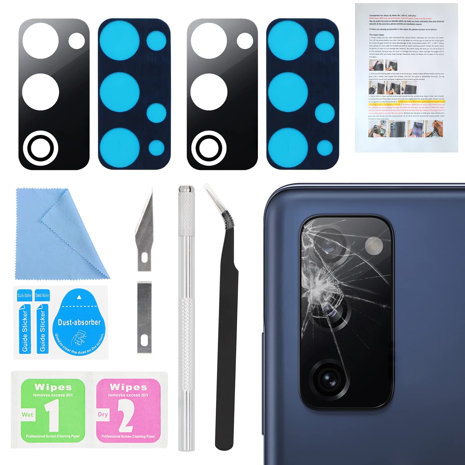 2PCS Galaxy S20 FE Back Rear Camera Lens Glass Replacement, ASDAWN Back Lens Glass for Samsung Galaxy S20 FE 6.5 inches All Carriers with Installation Manual + Repair Tool Set(Black)