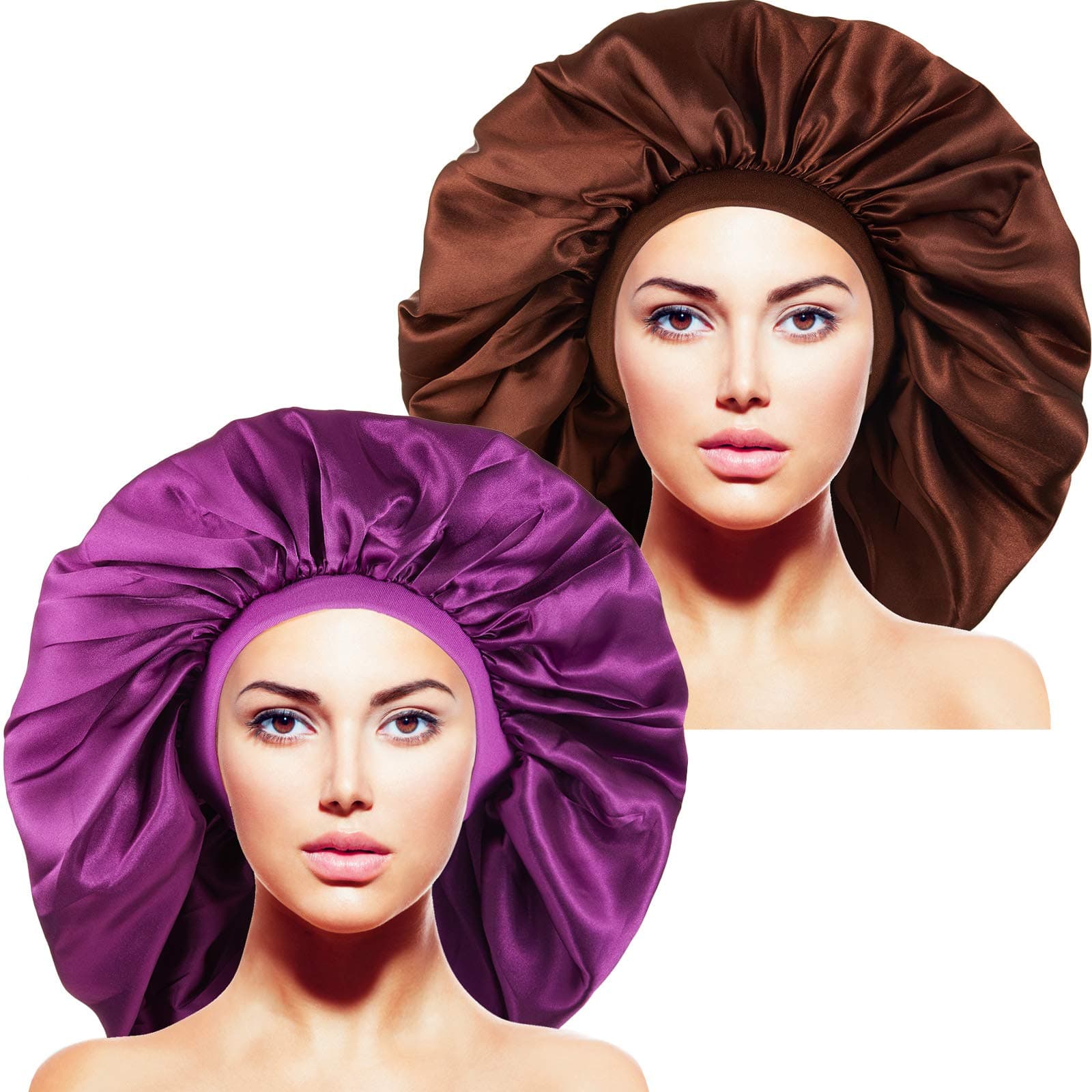 2 Pieces Extra Large Sleep Cap Jumbo Cap Large Satin Bonnet with Comfort Elastic Band (Purple and brown)