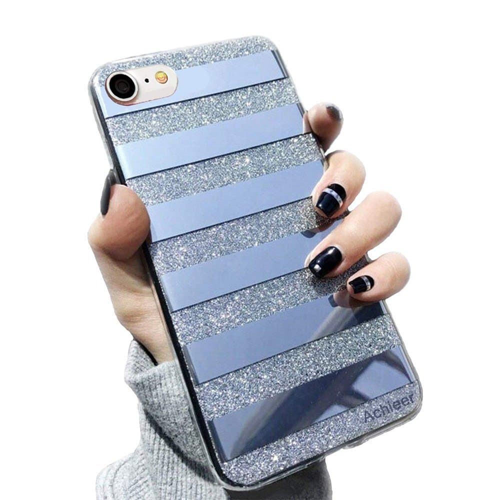Glitter Powder Phone Case Mirror Reflex Striped Stars Pattern Back Cover for iPhone 7 8 Black