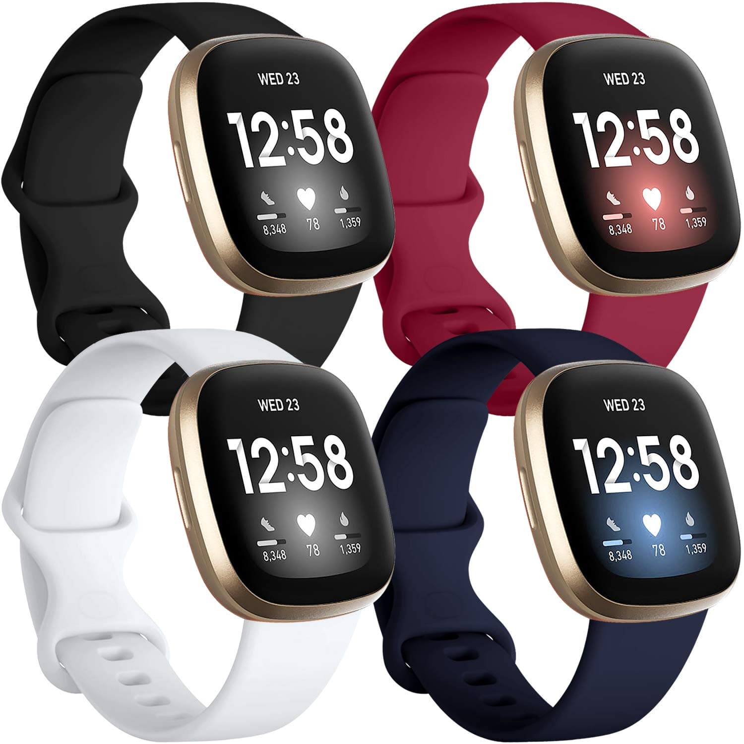 Getino Compatible with Fitbit Sense 2/ Sense Bands/Versa 3/ Versa 4 Band Women Men, Silicone Sport Accessories, Band for Fitbit Sense/Sense 2/ Versa 4/ Versa 3 Smartwatch, Small Black/Navy/Red/White