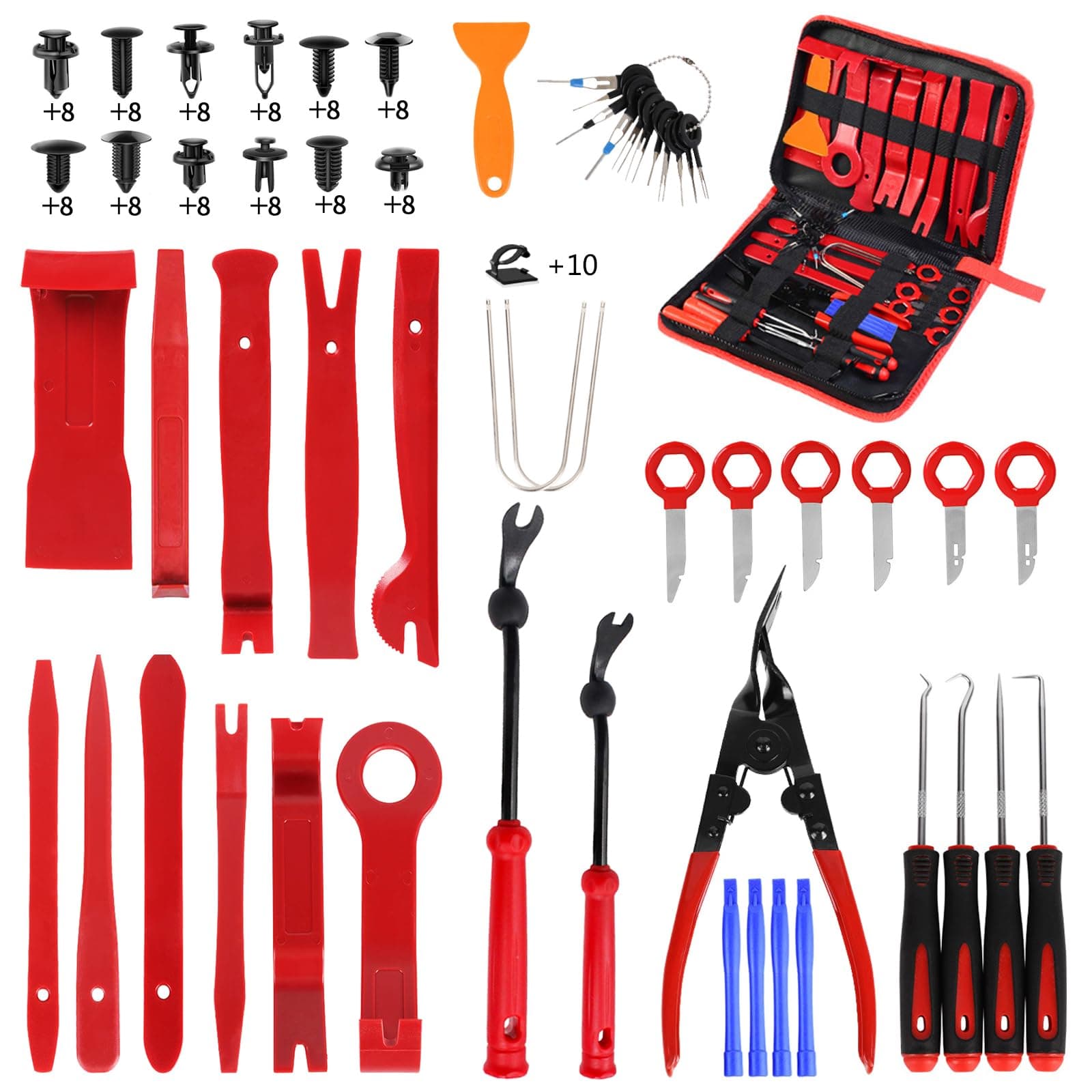 148Pcs Trim Removal Tool, Trim Removal Tool Kit, Door Panel Removal Tool Include Car Plastic Pry Tool, Panel Clip Removal Pliers and Storage Bag (Red)