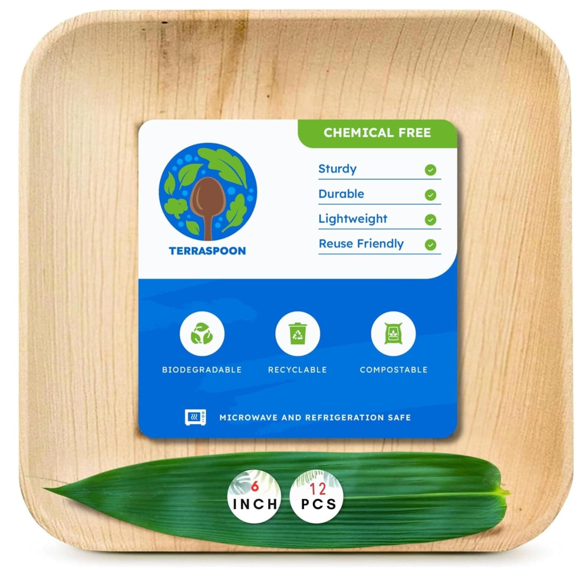 Pack of 12 – 6 Inch – Terraspoon Palm Leaf Square Plates, Strong Bamboo-Like, Compostable & Biodegradable Eco-Friendly Plates