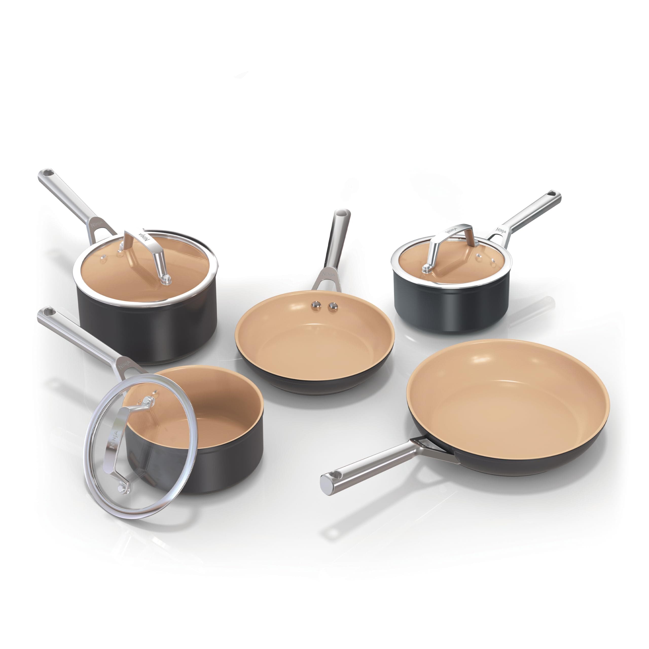 Extended Life 5-Piece Ceramic Cookware Set (20 & 24cm Frying Pans + 16, 18 & 20cm Saucepans & Lids), Non-Stick (No PFAs, PFOAs, Lead or Cadmium), Oven Safe to 285°C, Terracotta & Grey, CW95000UK