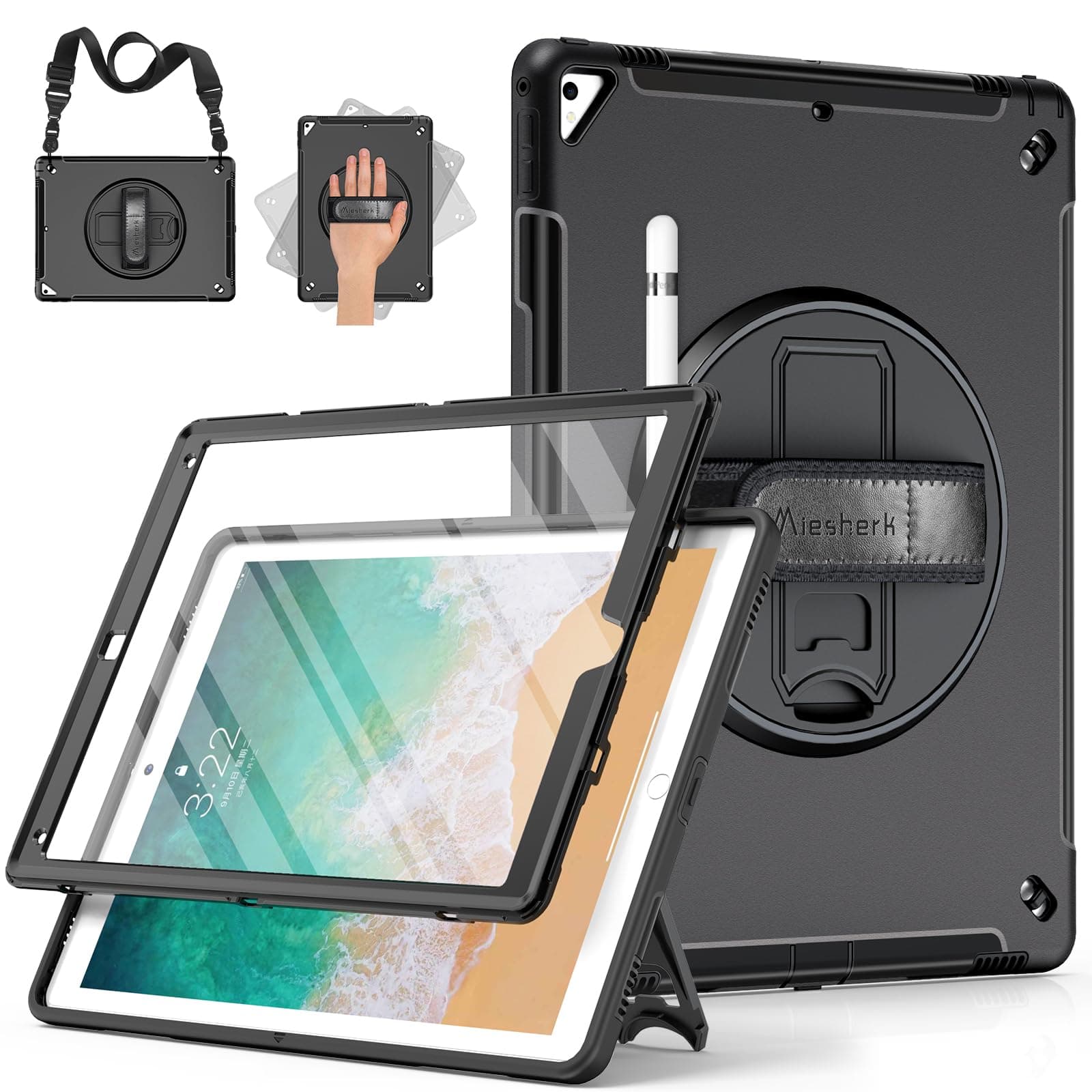 Case for iPad Pro 12.9 2nd Generation 2017 & 2015 1st Generation, Heavy Duty Rugged Shockproof Protective Cover w/360°Rotating Stand/Hand/Shoulder Strap/Pencil Holder Black
