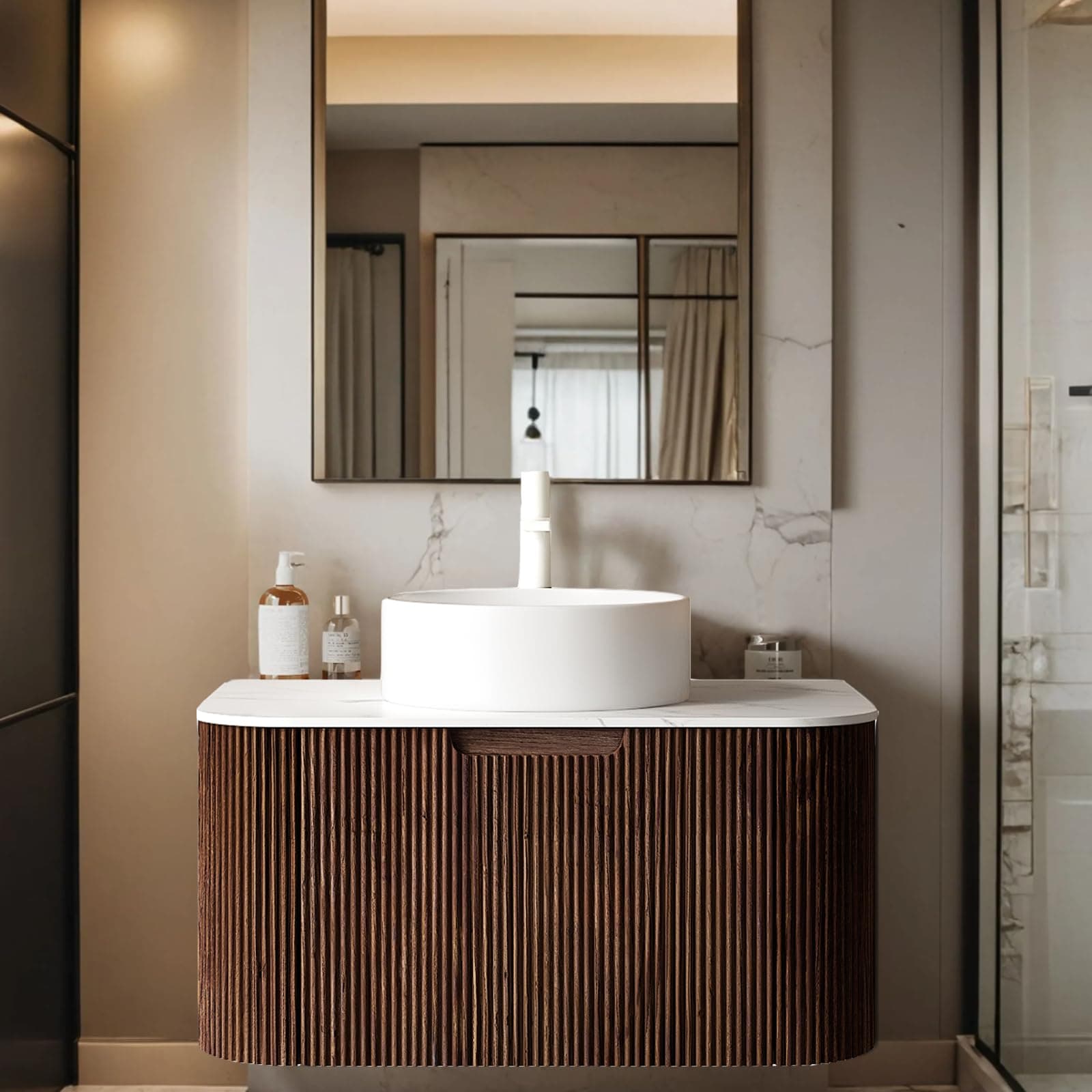 30 inch Floating Bathroom Vanity with Sink, Natural Solid Wood Modern Bathroom Vanities with Ultra-Thin Ceramic Basin and Marble Top, Soft-Close Drawer, Pre-Assembled, Dark Walnut