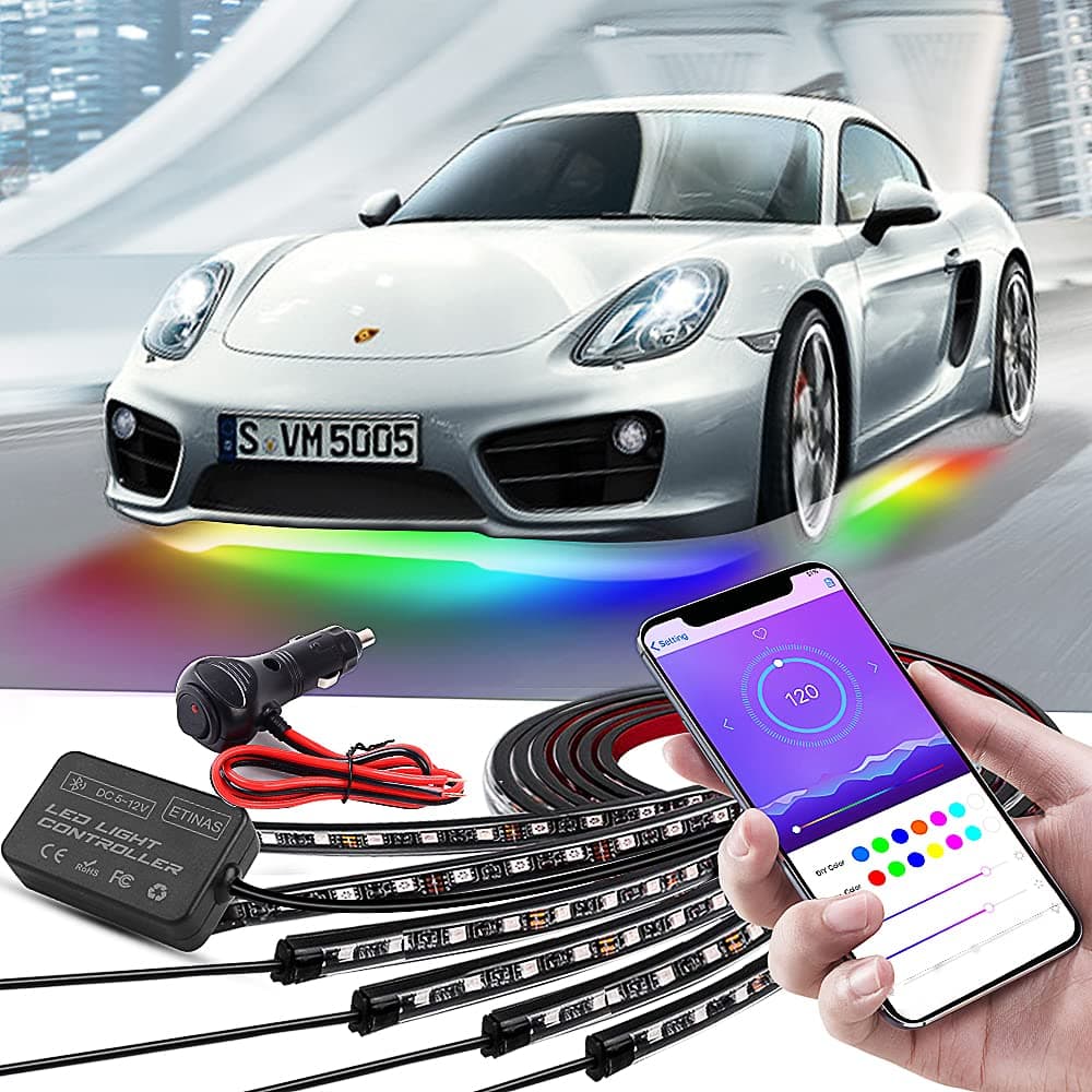 Car Underglow Lights, Bluetooth Dream Color Chasing StripLights Kit, 6 PCS Waterproof Exterior Car Lights with APP Control, 12V 300 LEDs Underbody Lights for All Cars
