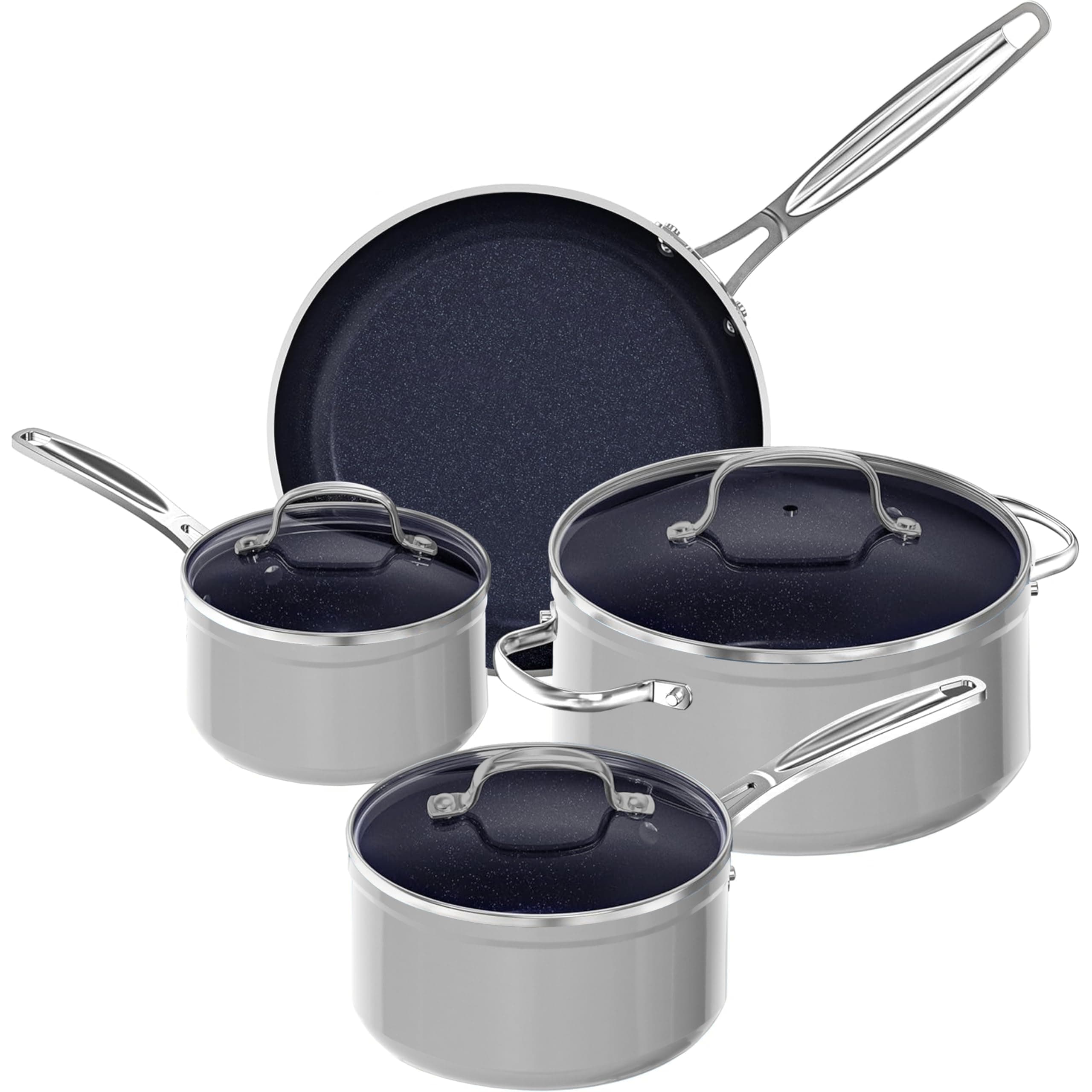 Nuwave 7pc Cookware Set Healthy Duralon Blue Ceramic Nonstick Coated, Diamond Infused Scratch-Resistant, PFAS Free, Oven Safe, Induction Ready & Evenly Heats, Tempered Glass Lids & Stay-Cool Handle