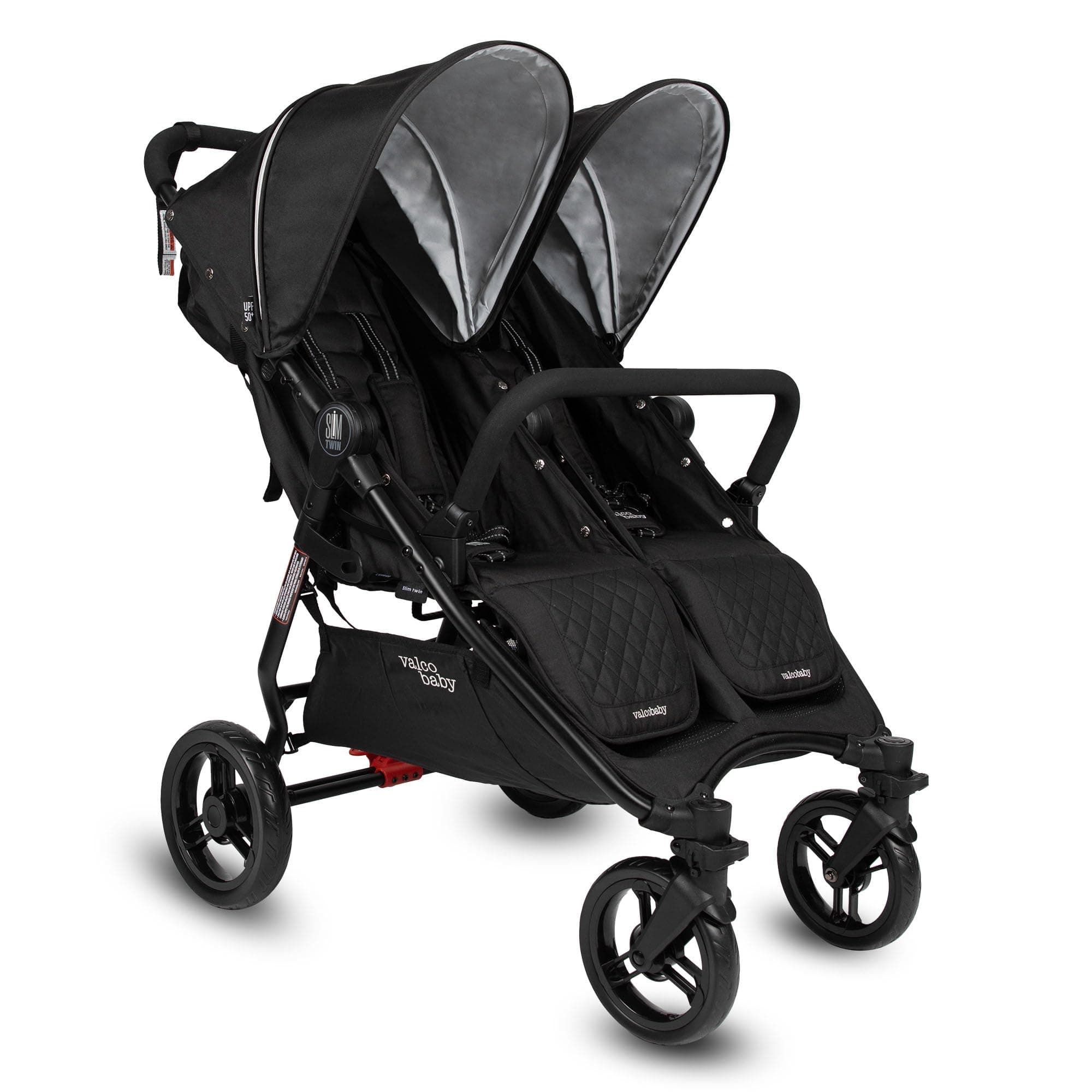 Valco Baby Slim Twin Stroller 2024 (Licorice) - Lightweight Double Stroller Side by Side, Compact Fold, Toddler Twin with Large SPF50 Canopy, Adjustable Footrest, and Reclining Seats